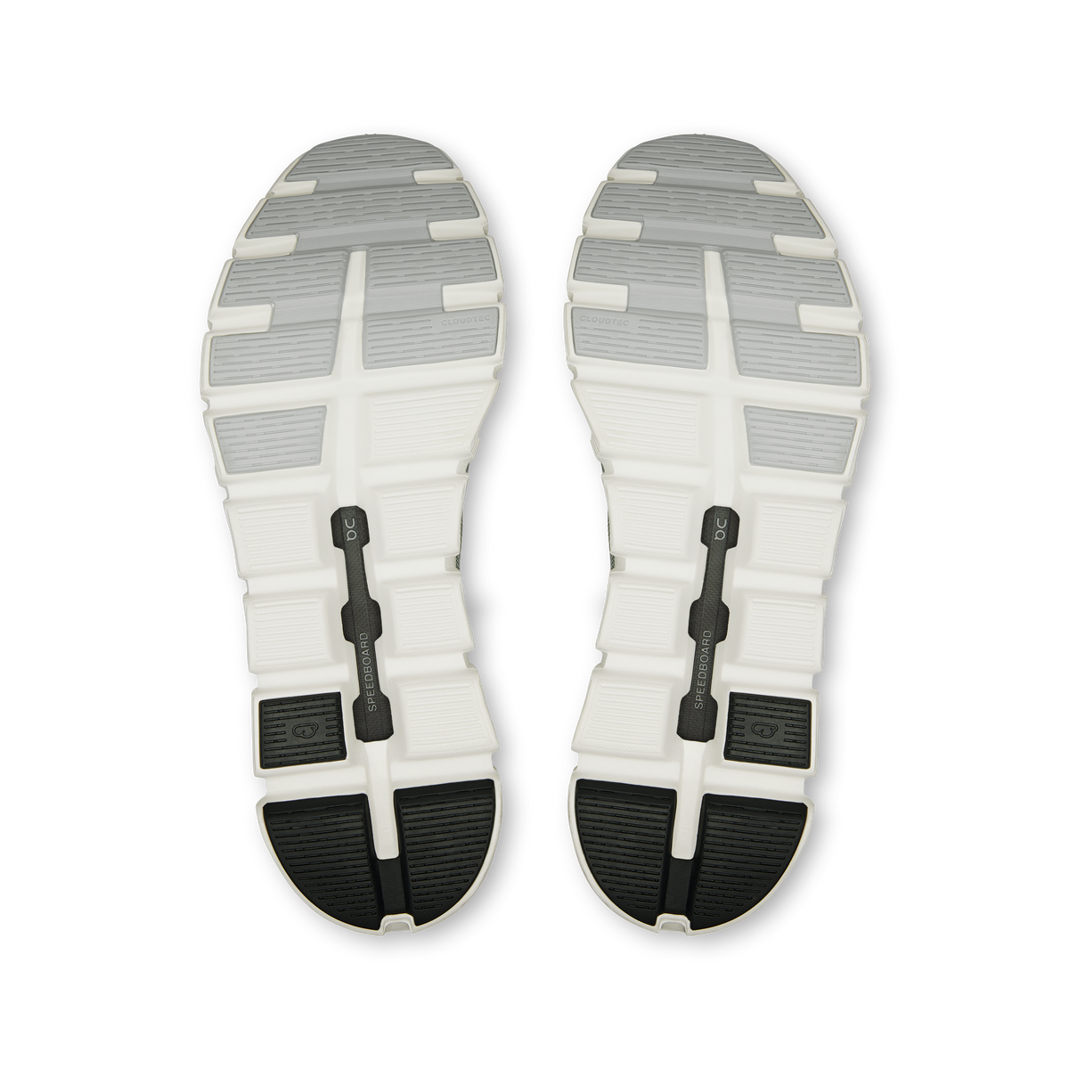 On Cloud 6 Versa shoe outsoles, white tread with black center pods