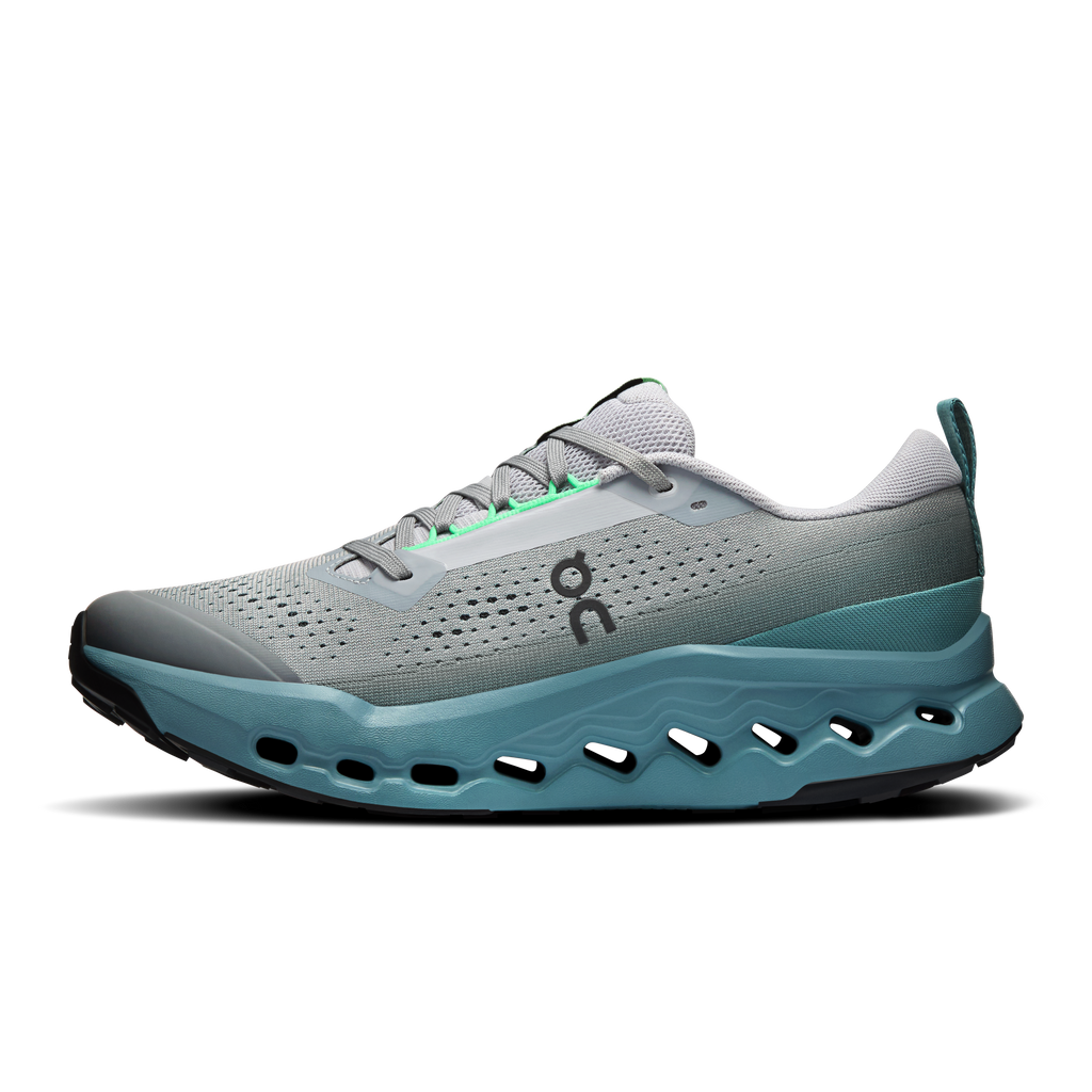 Men's trail running shoes, light gray knit upper with teal CloudTec sole and green trims.