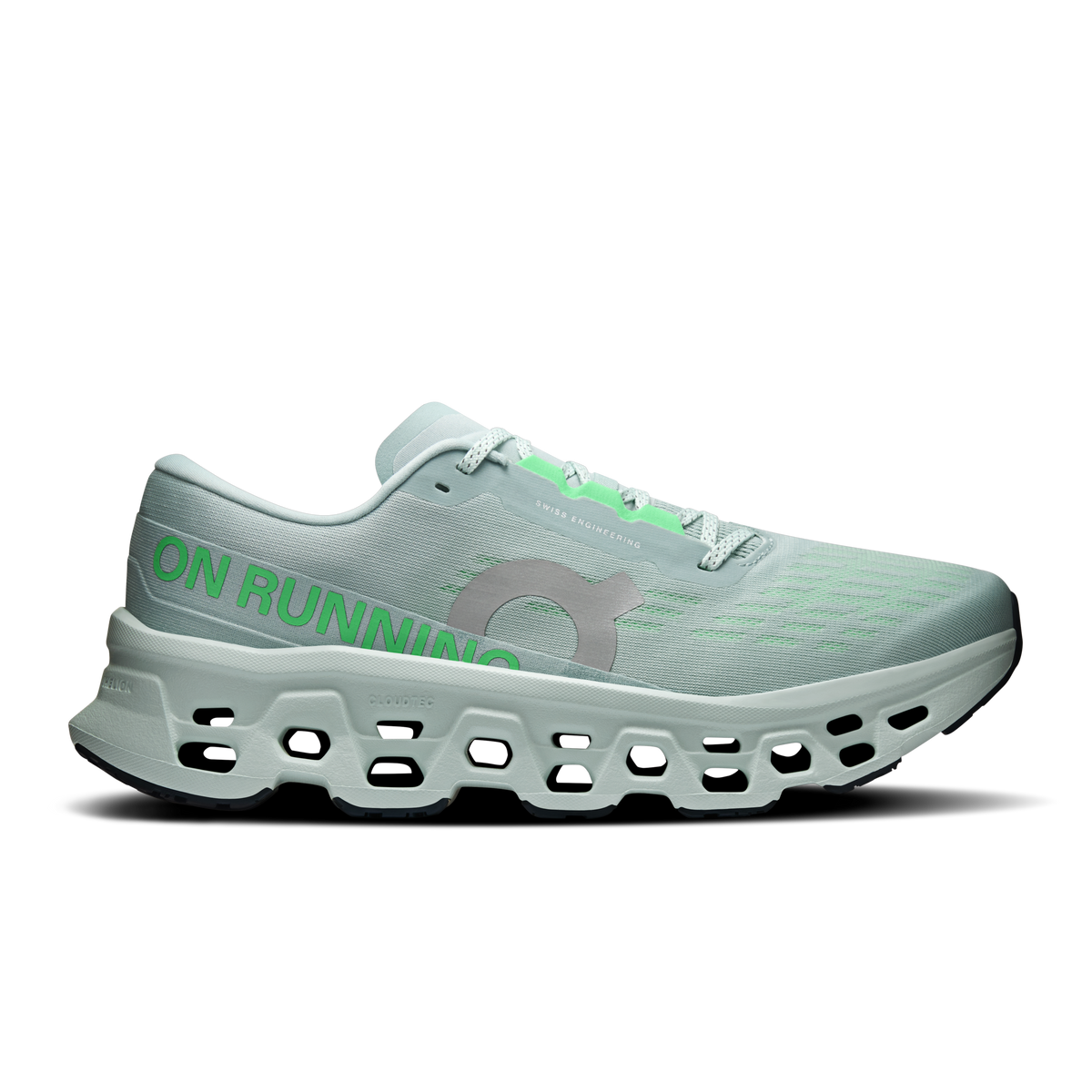 Men's wide running shoes in light blue with green laces and CloudTec outsole