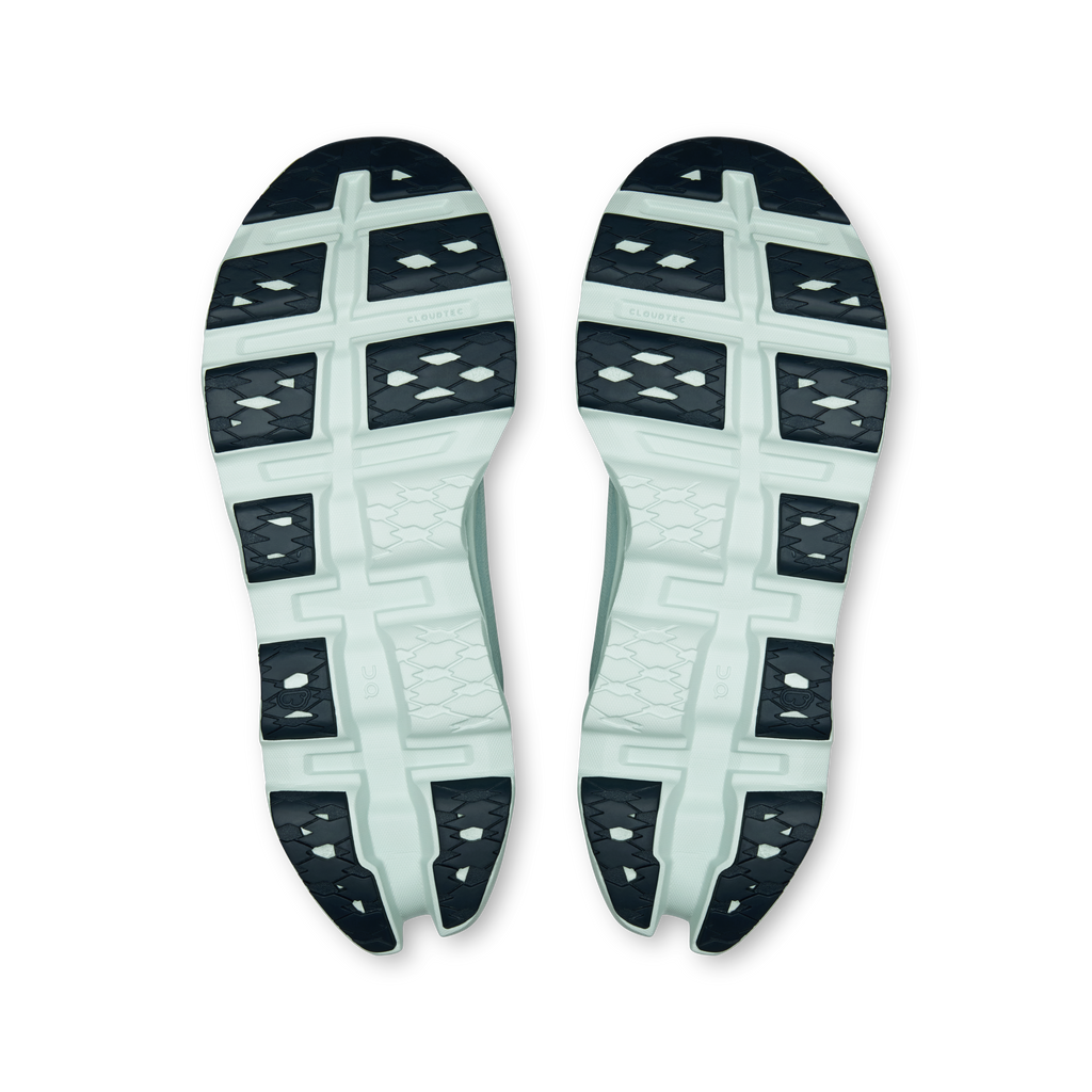Shoe outsoles with traction tread and CloudTec-style pods, light blue-green