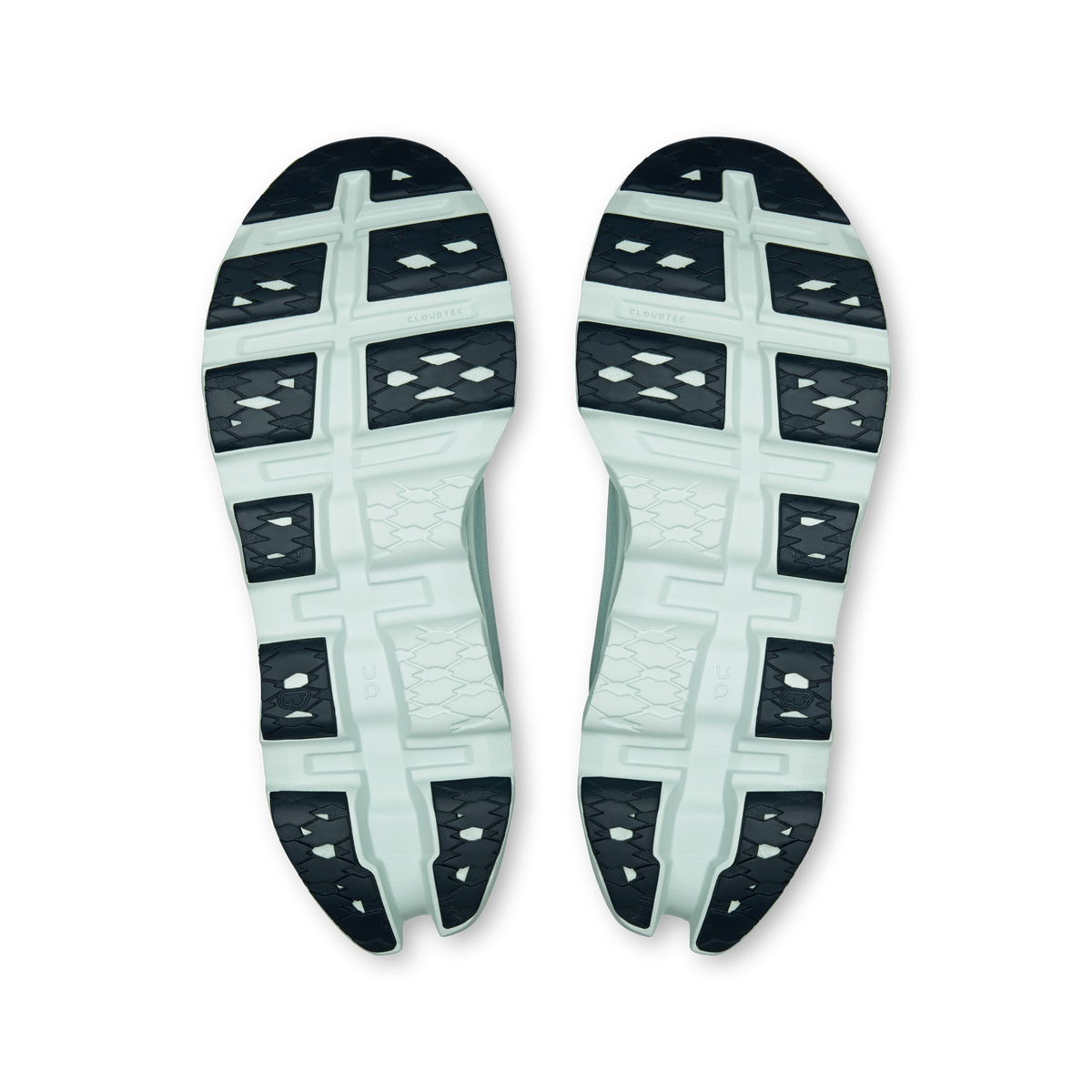 Shoe outsoles with traction tread and CloudTec-style pods, light blue-green