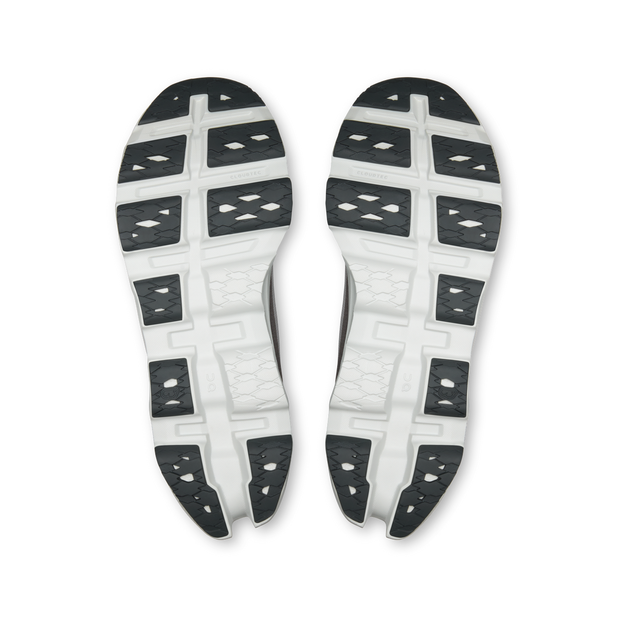 Pair of On Cloudmonster 3 shoes with white outsole tread and black traction pods