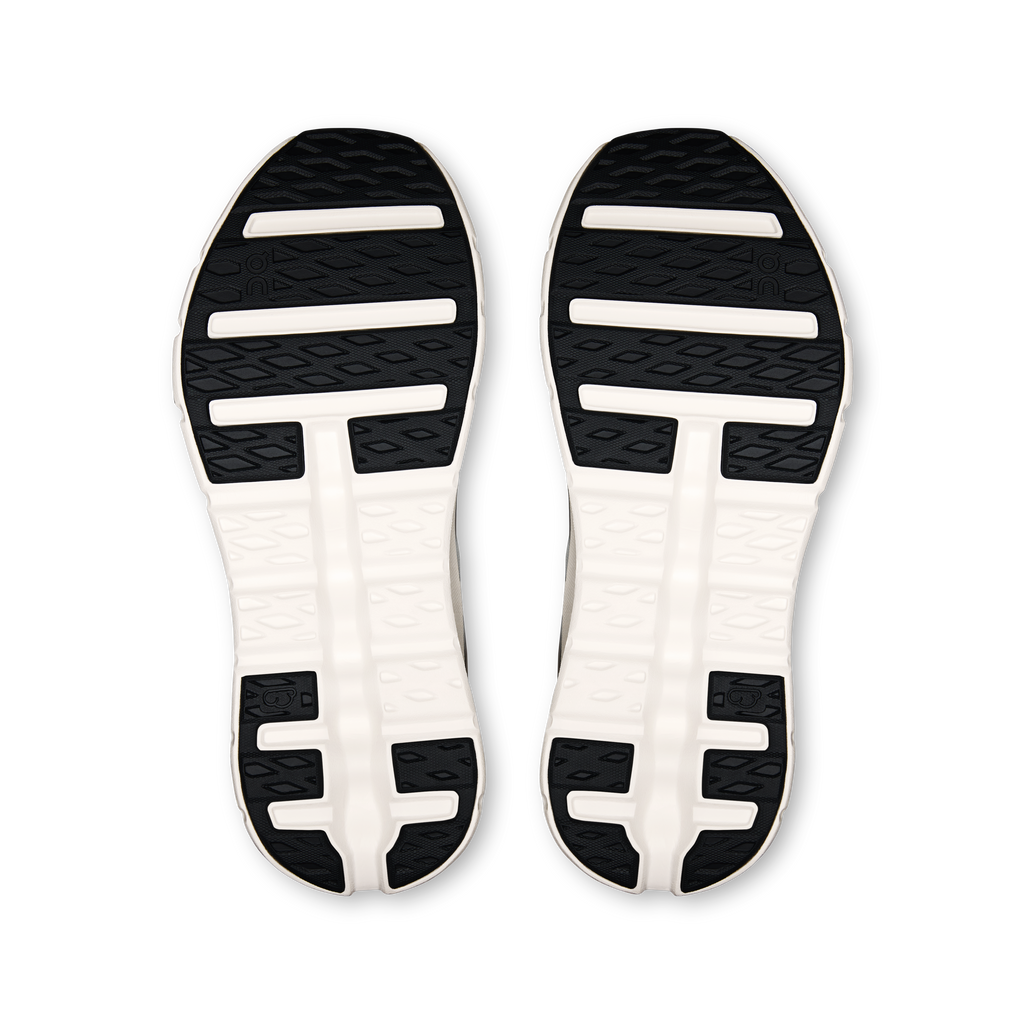 Shoe outsole pair with textured grip tread in black and white; traction bar details