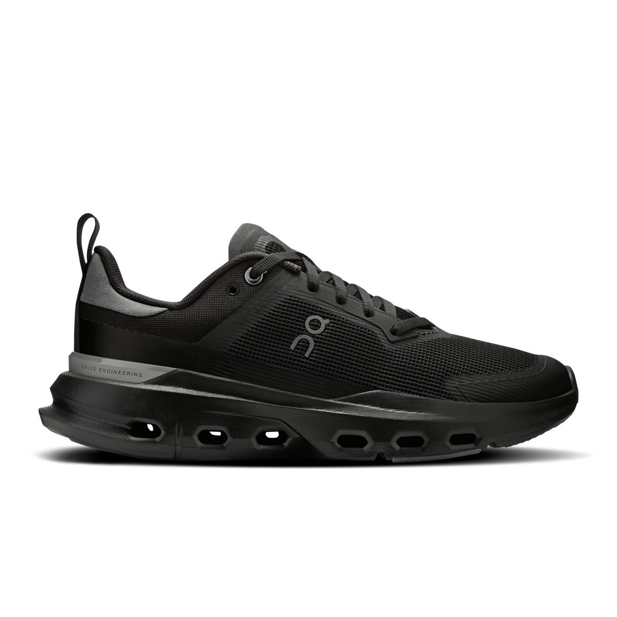 On women's Cloudpulse running shoes, black mesh upper with perforated CloudTec sole