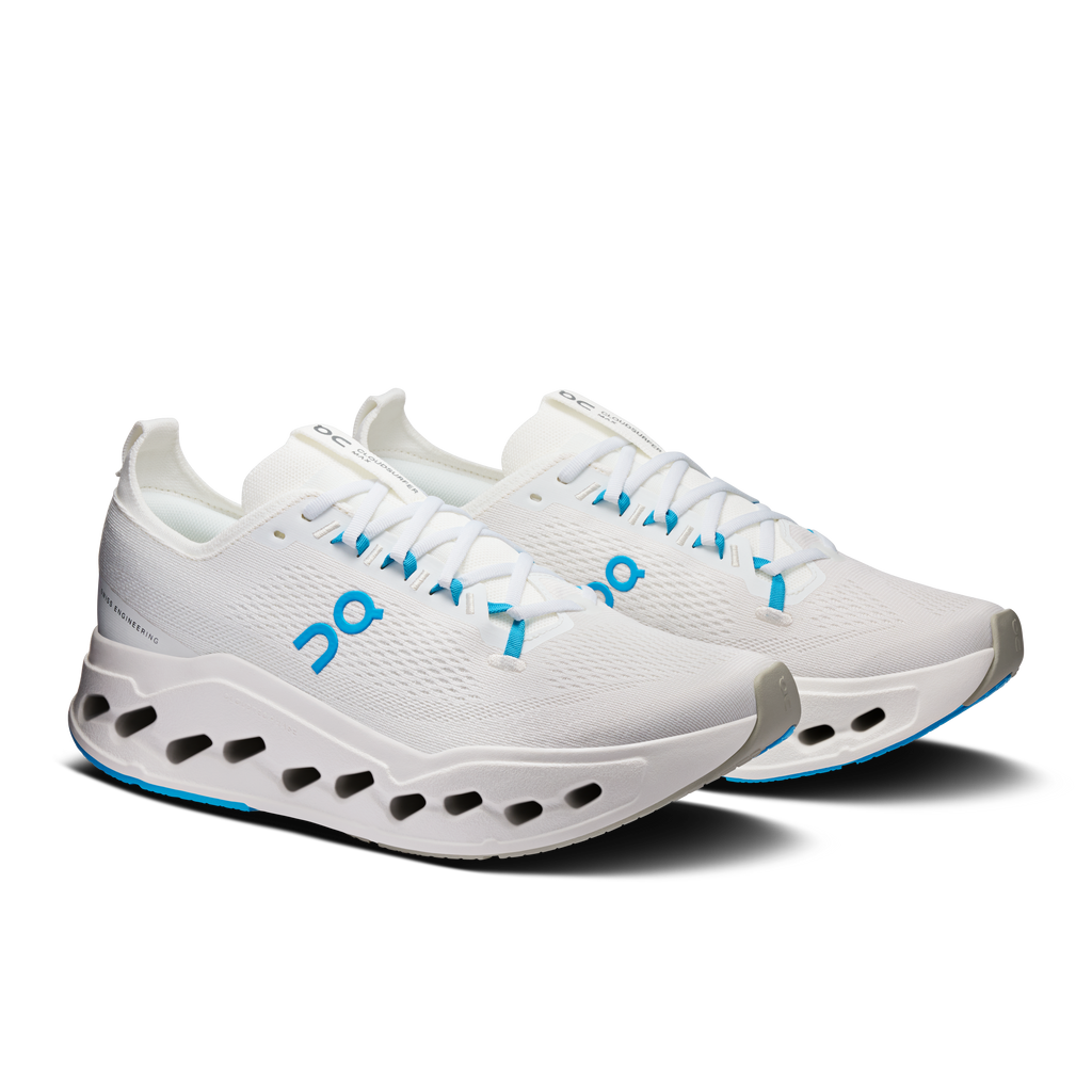 Men's Cloudsurfer Max running shoes, angled view, white mesh with blue accents
