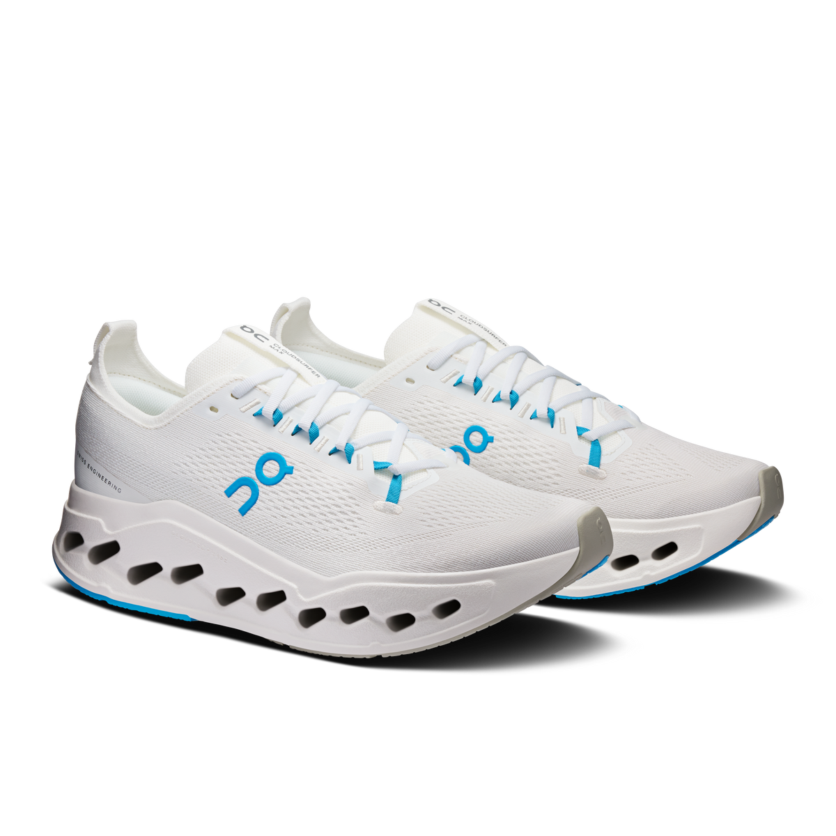 Men's Cloudsurfer Max running shoes, angled view, white mesh with blue accents