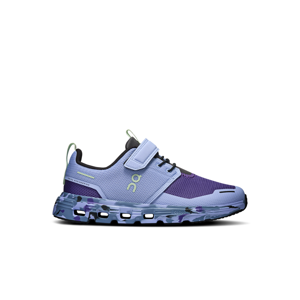 Kids' light blue and purple running shoes with Cloud-style cushioning