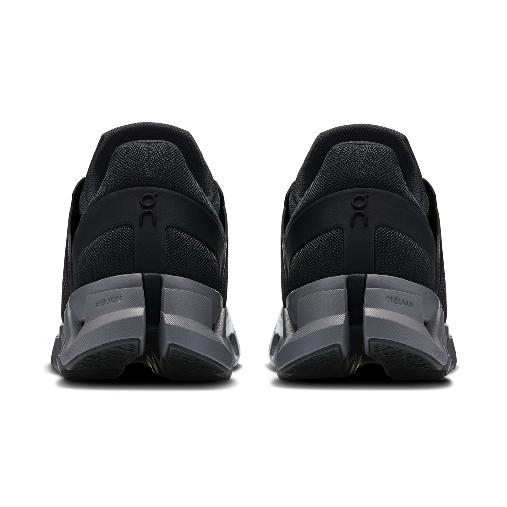 Men's On Cloudswift 4 heel view, black collar and gray cushioned sole.
