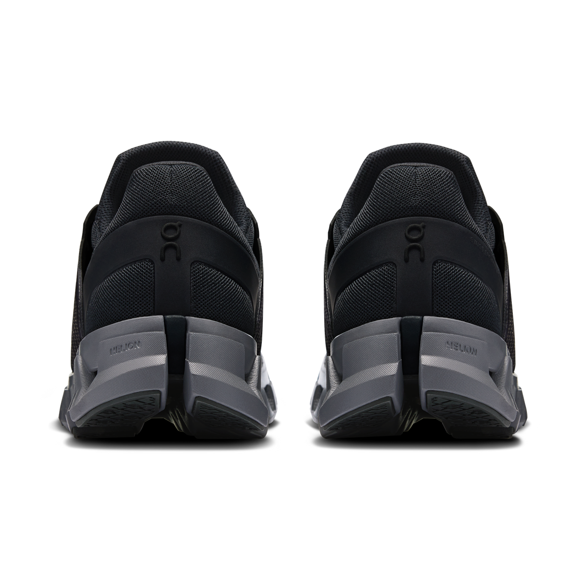 Men's On Cloudswift 4 heel view, black collar and gray cushioned sole.