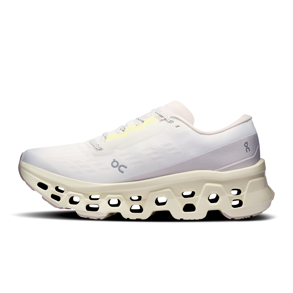 Women’s On Cloudmonster 3 shoes, heel and side view with light lime details