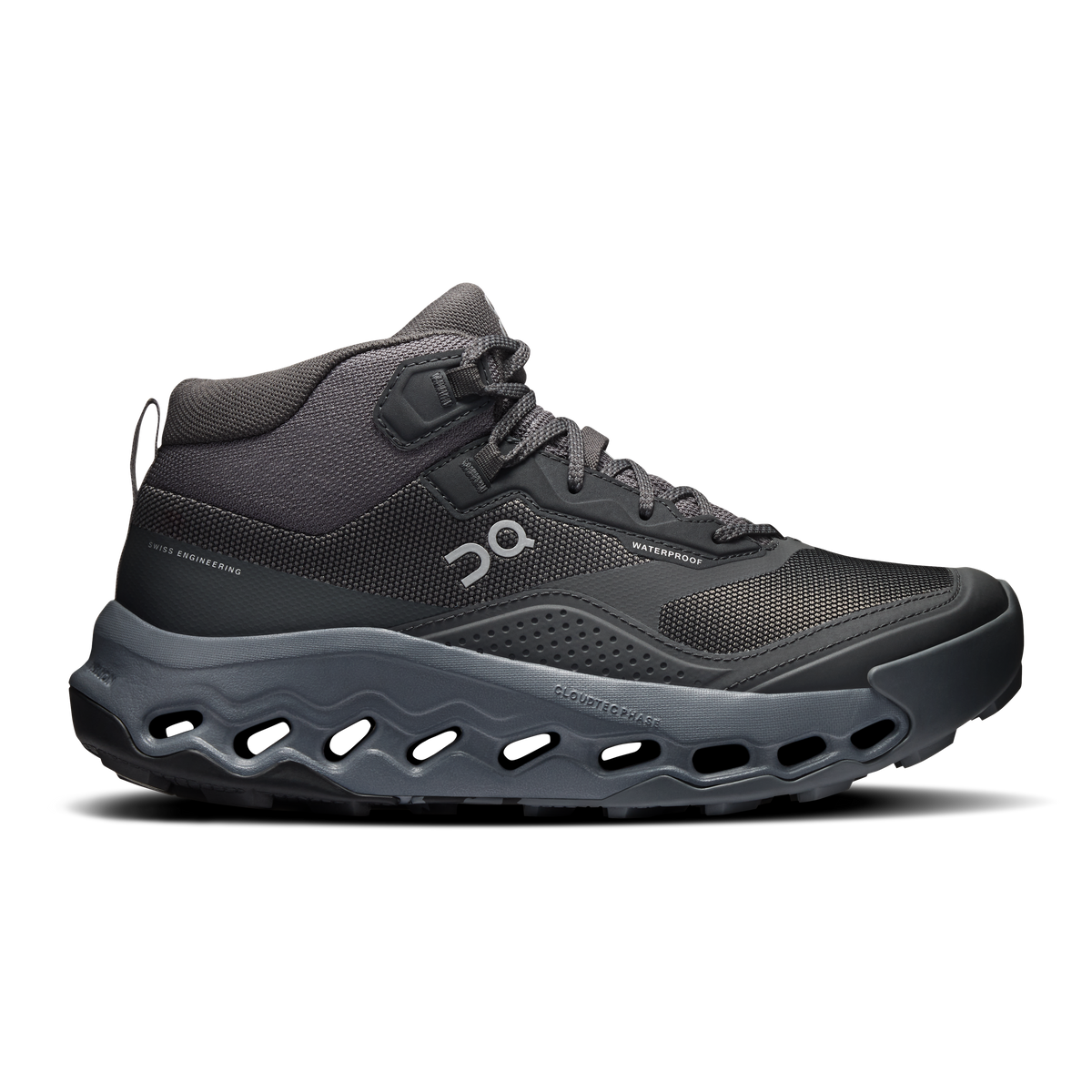 Women's mid waterproof trail running shoes by On, dark gray with lace-up and strap