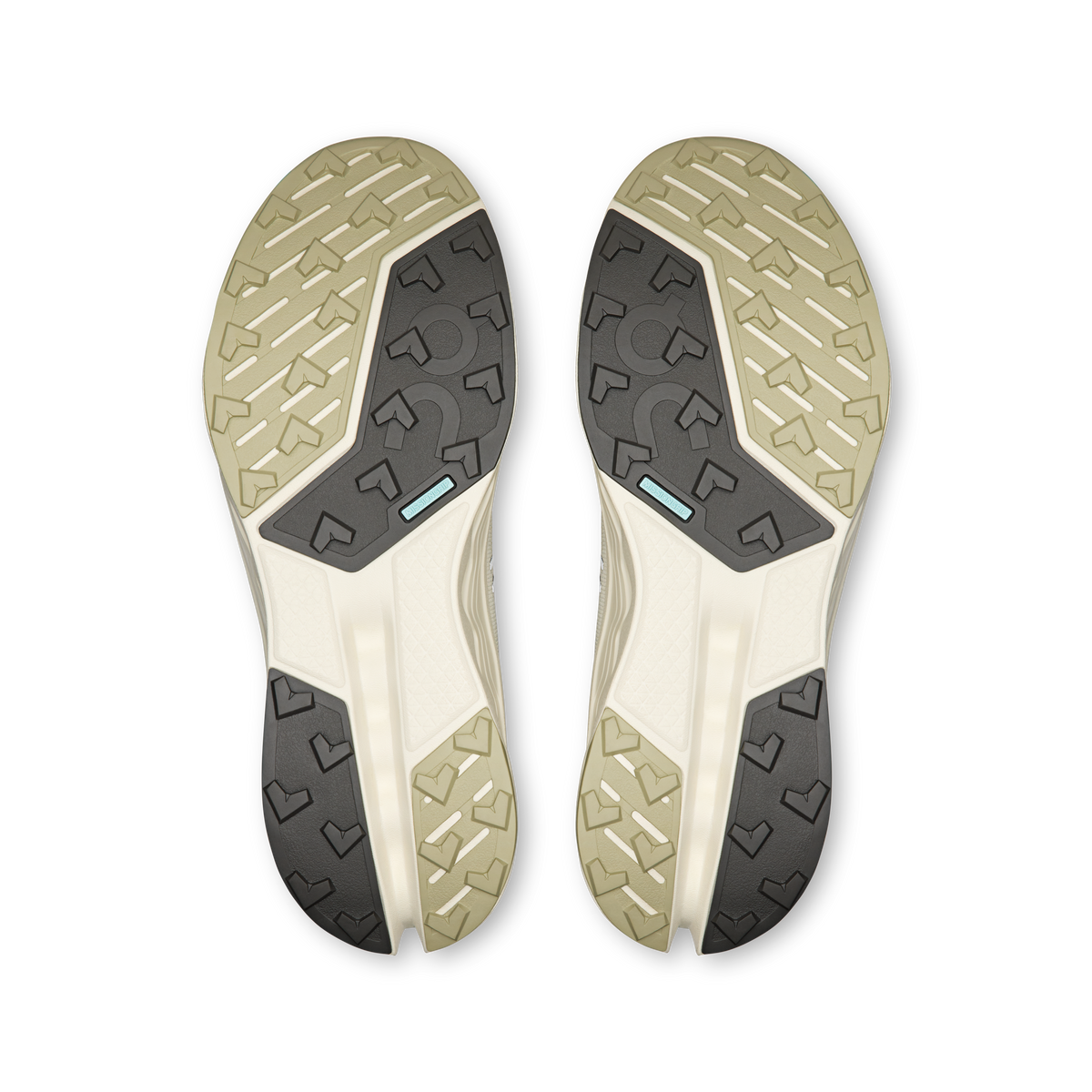 Pair of shoe outsoles with rugged tread pattern for trail traction
