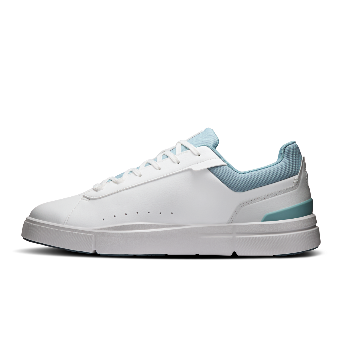 Men's white sneaker with light blue heel panel and padded collar