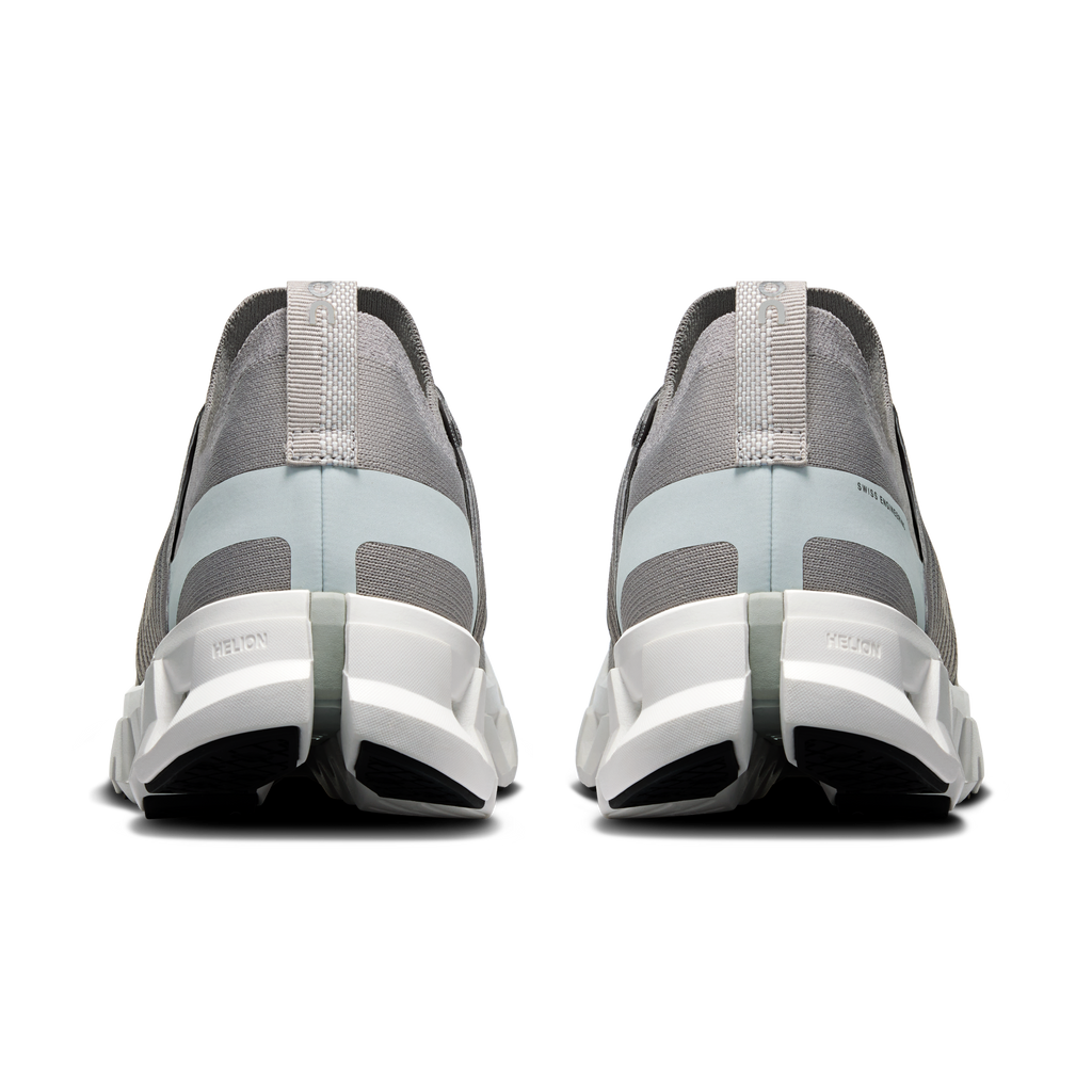 Men's gray running shoes heel view with white support frame and pull tab