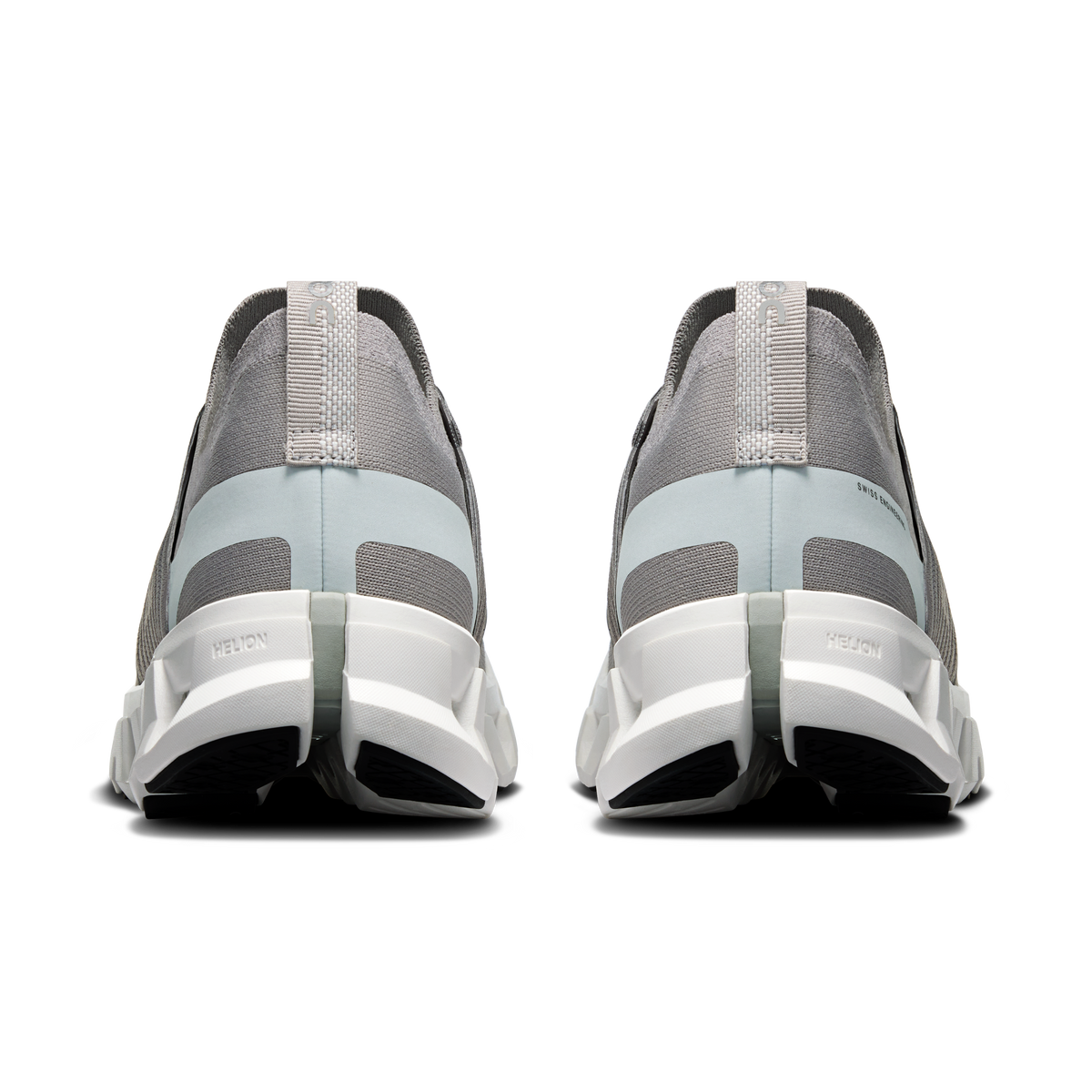 Men's gray running shoes heel view with white support frame and pull tab