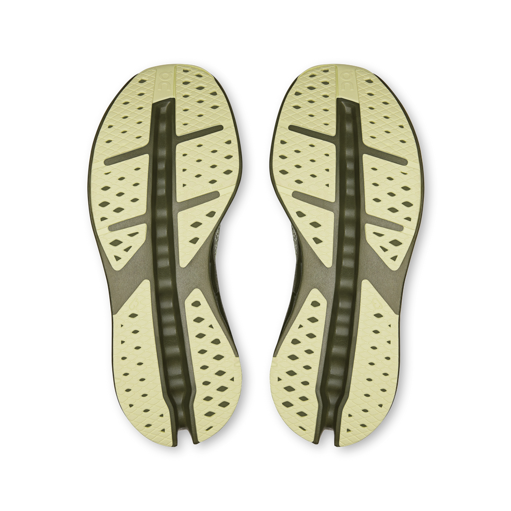 Pair of light olive outsoles with textured traction and central stripe