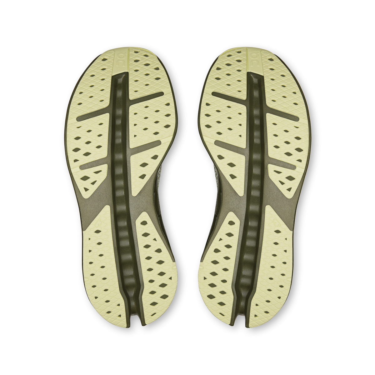 Pair of light olive outsoles with textured traction and central stripe
