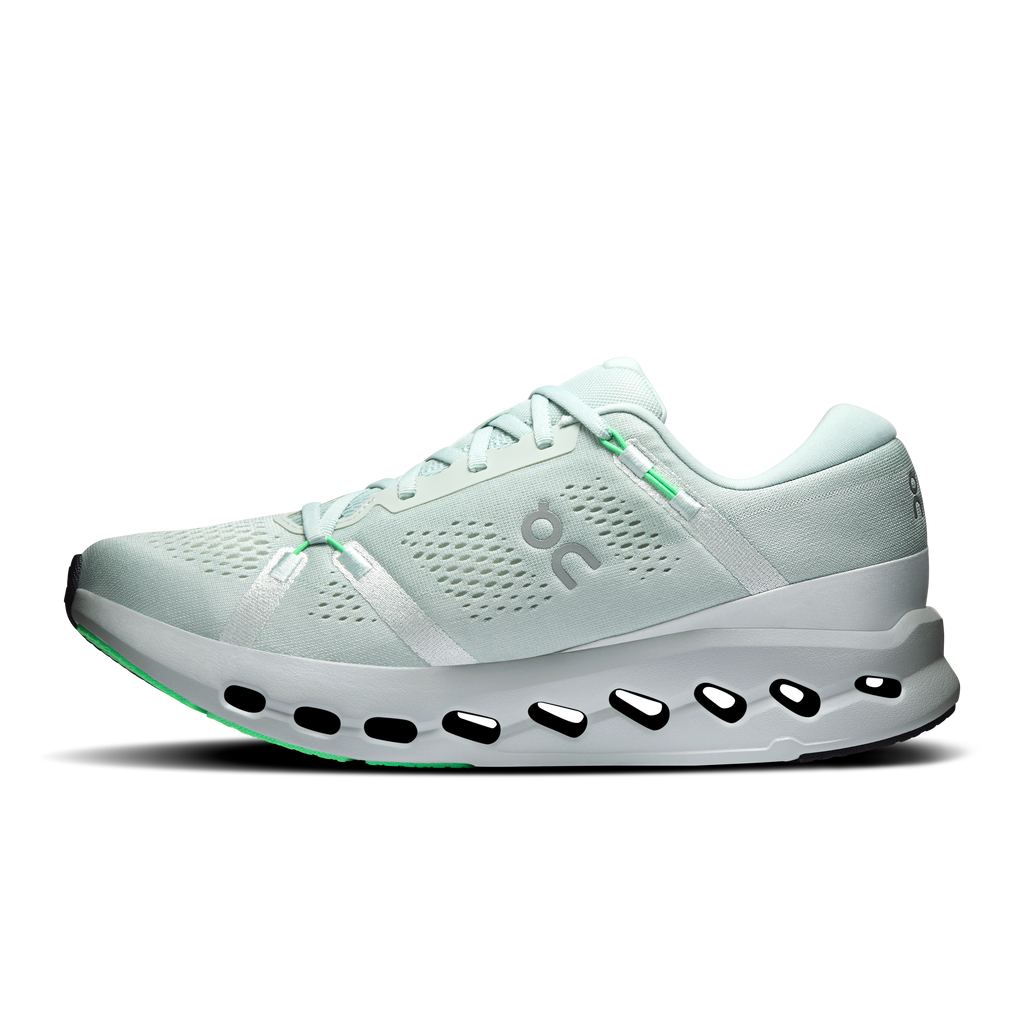 Men's On Cloudsurfer 2 running shoes, mint knit upper and white midsole with black pods