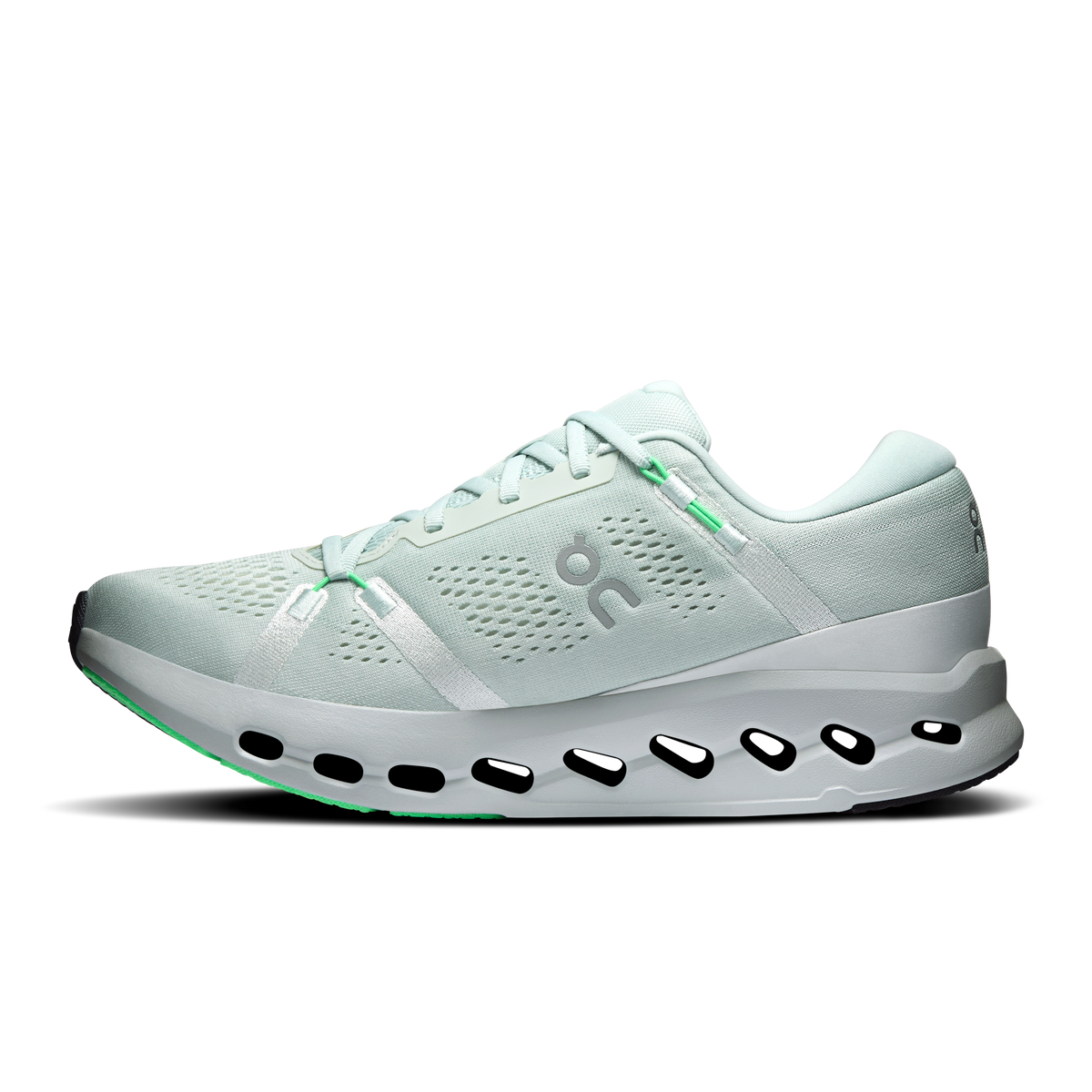 Men's On Cloudsurfer 2 running shoes, mint knit upper and white midsole with black pods
