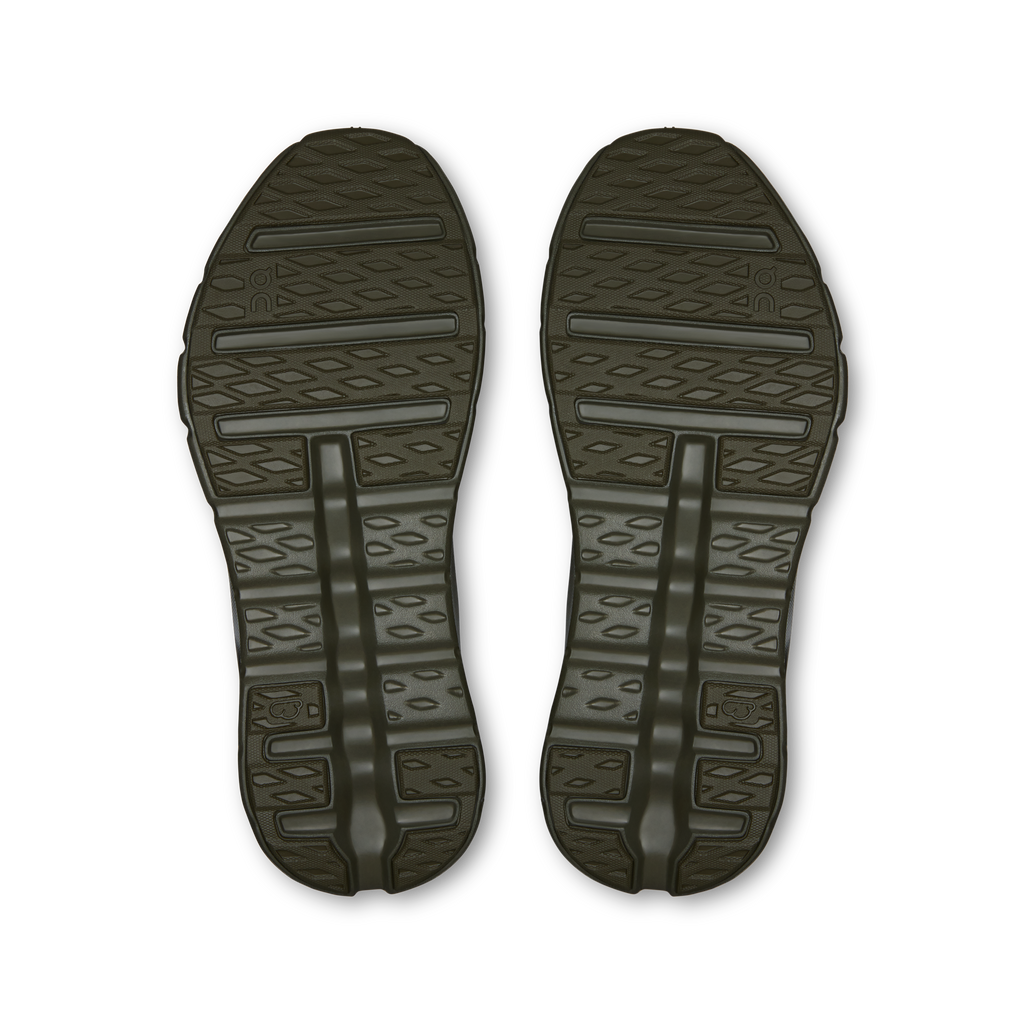 Men's running shoe outsoles, textured tread with dark gray rubber pods