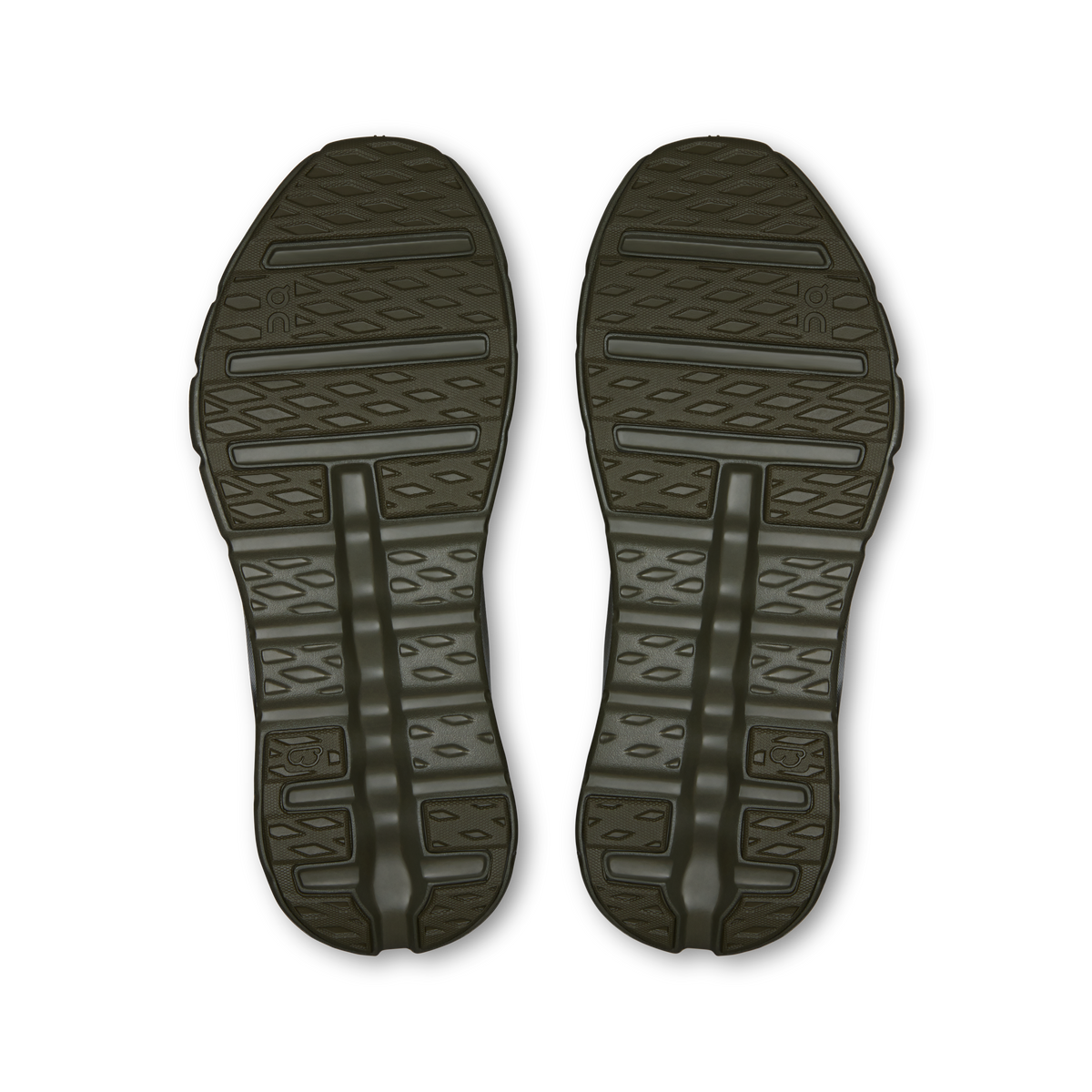 Men's running shoe outsoles, textured tread with dark gray rubber pods