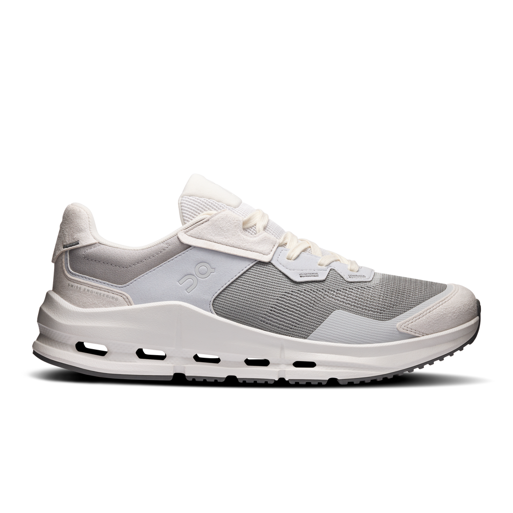 Men's lace-up running shoes, light gray knit with white cushioned sole