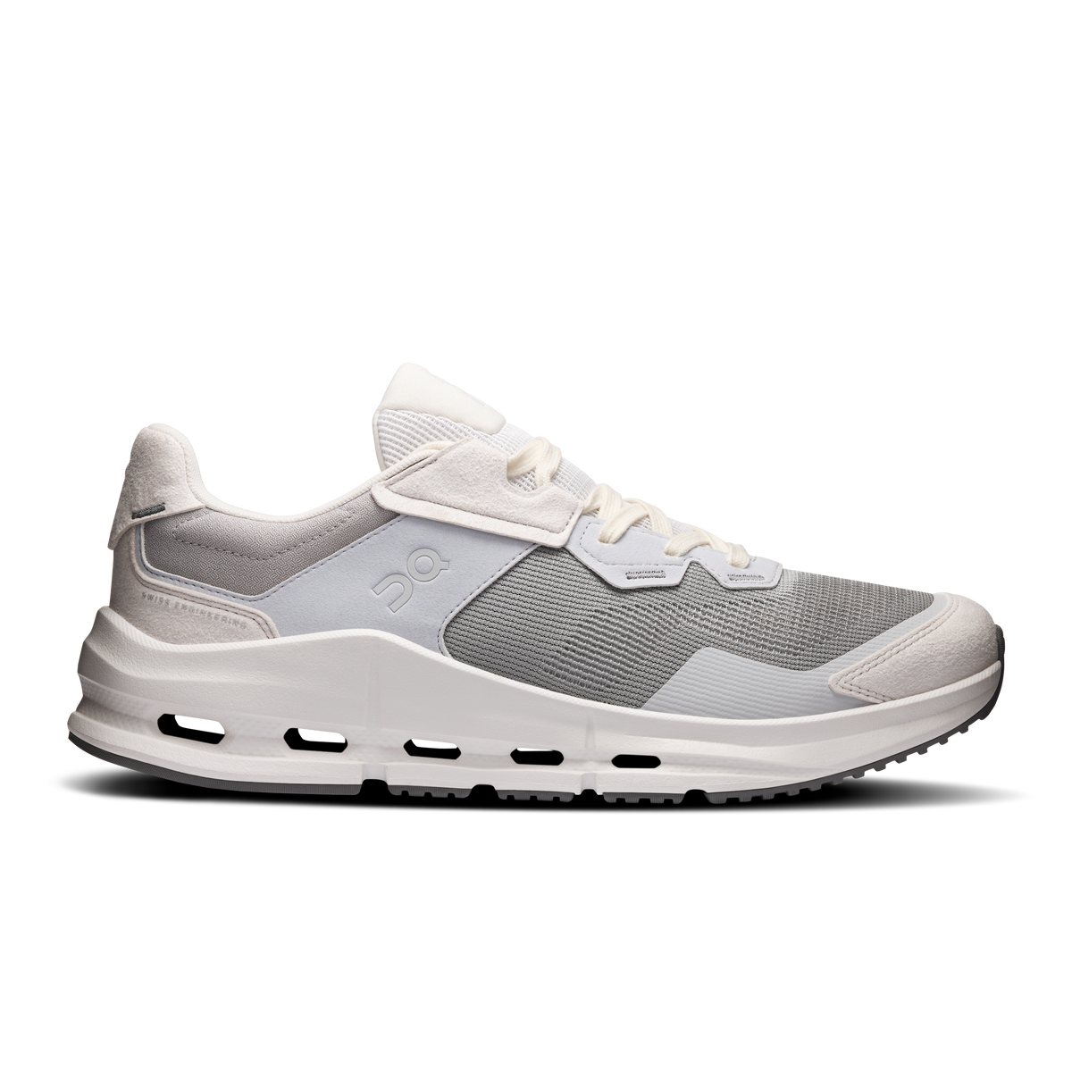 Men's lace-up running shoes, light gray knit with white cushioned sole