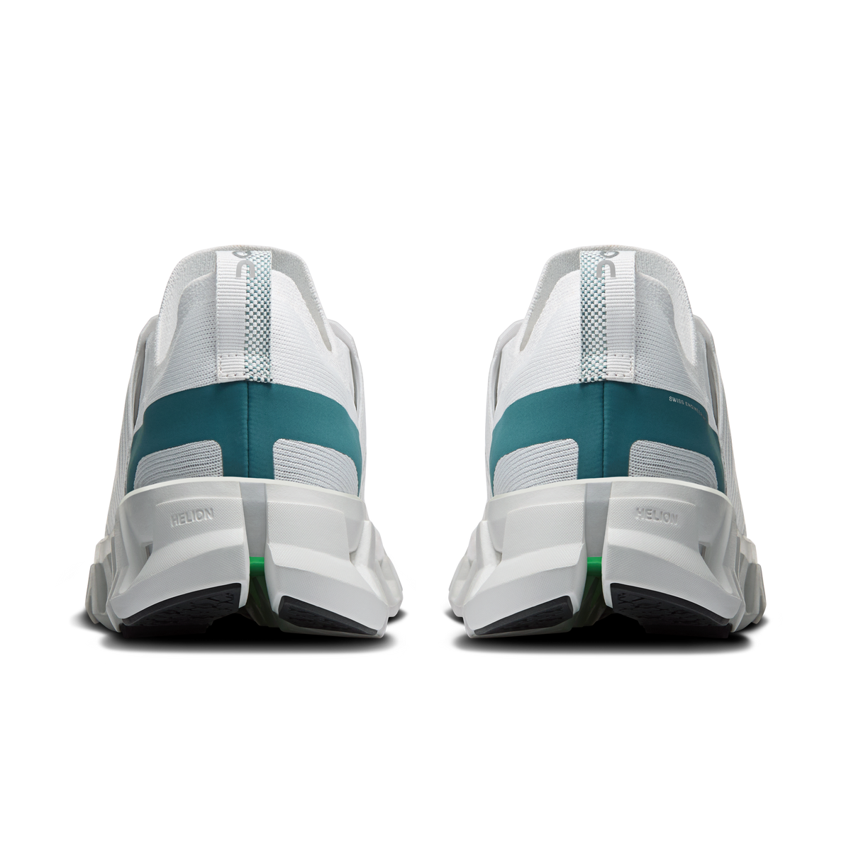 Men's white running shoes heel view with teal panels and cushioned rear sole