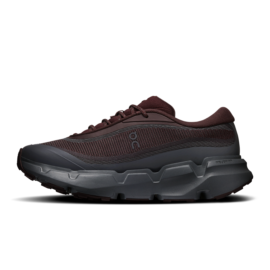 Maroon mesh trail shoe with lace-up front and chunky gray midsole