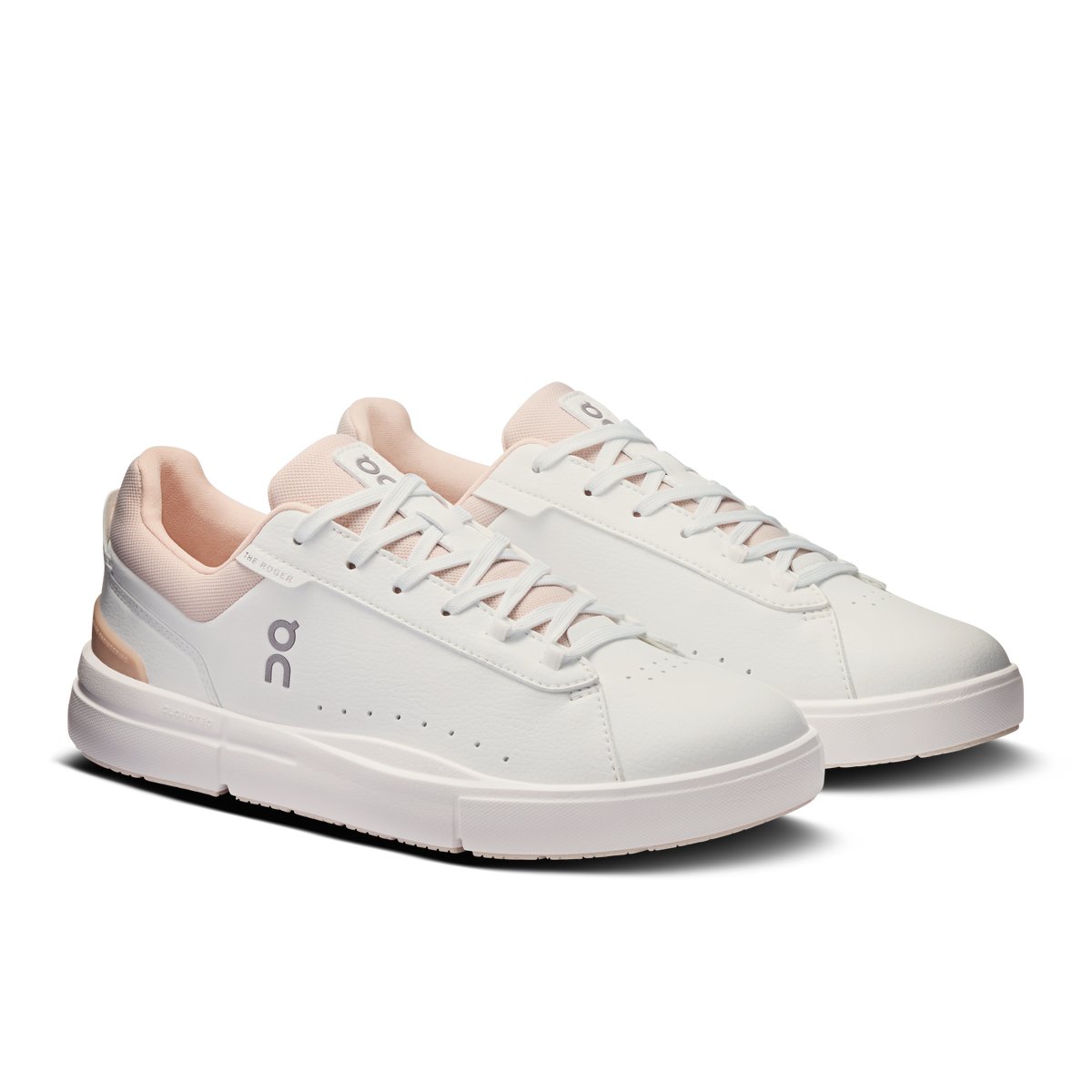 Women's On lace-up sneakers in white with rose accents, front three-quarter view