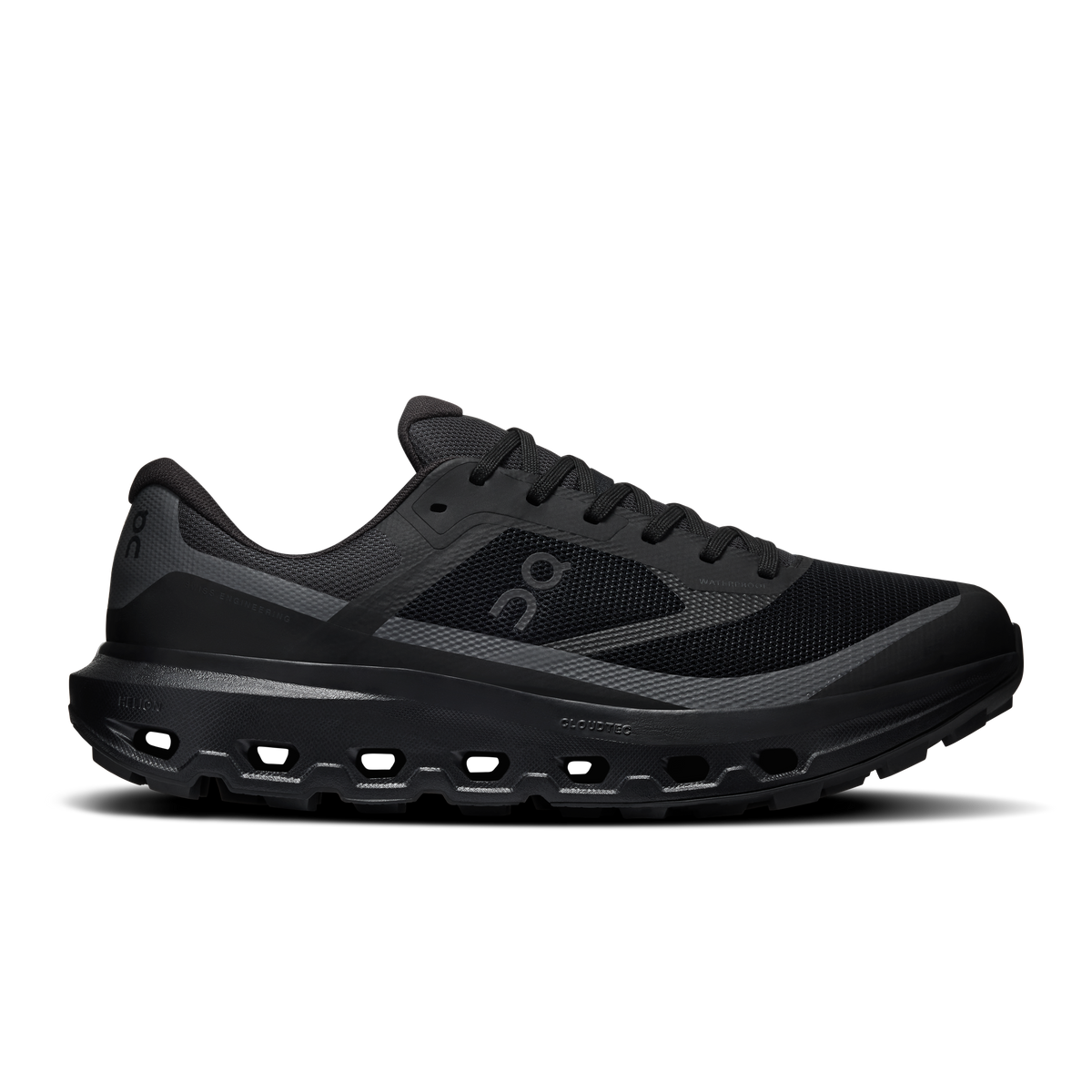 Men's waterproof running shoes, black mesh upper with lace-up and CloudTec sole