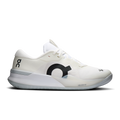 White women's running shoes with black logo, gray sole and subtle pink accents