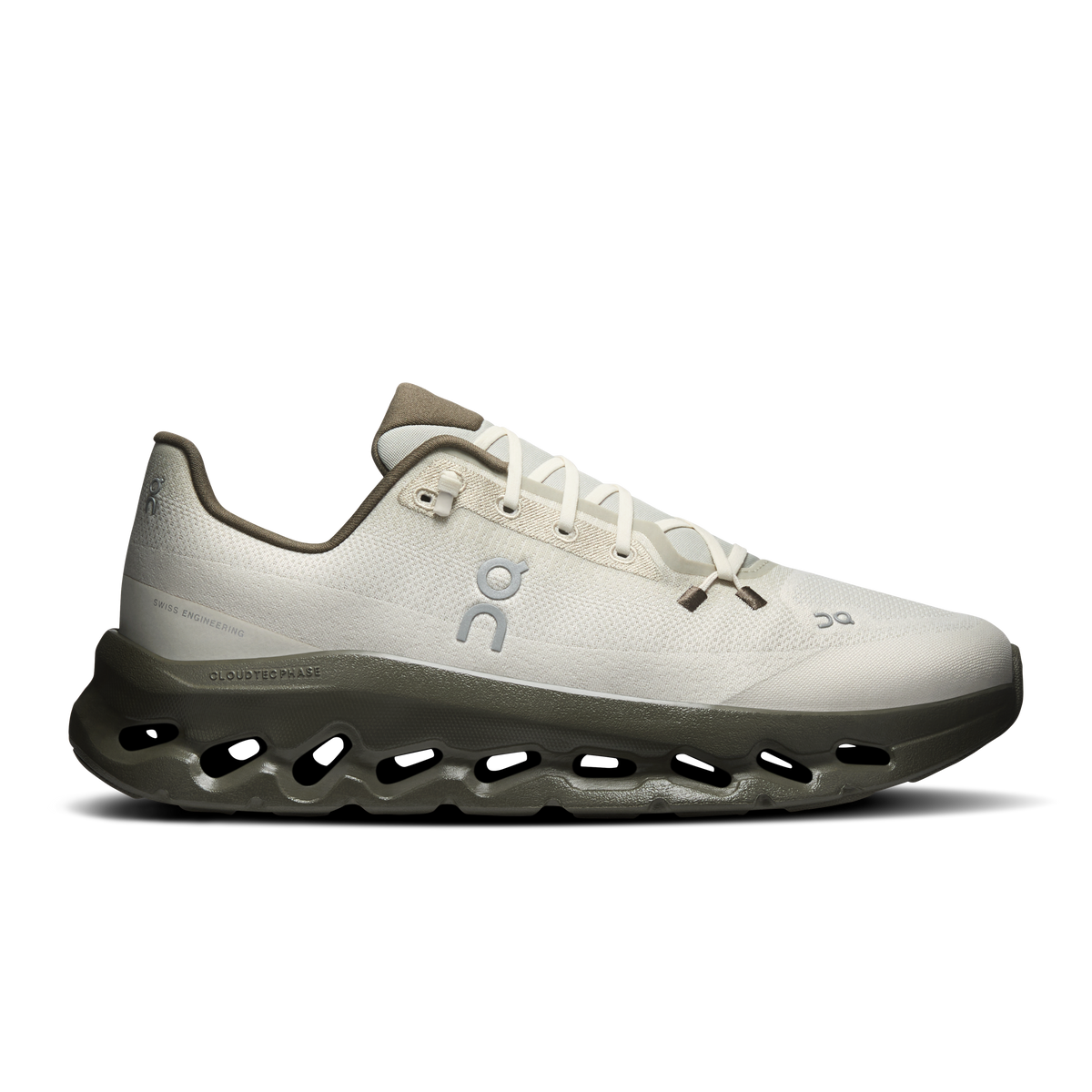 Men's running shoes in off-white with dark gray/olive CloudTec sole, lace-up