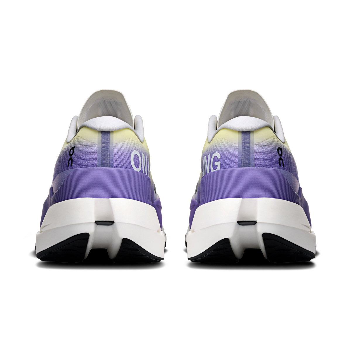 Men's running shoes heel view, white collar with purple gradient heel and white midsole