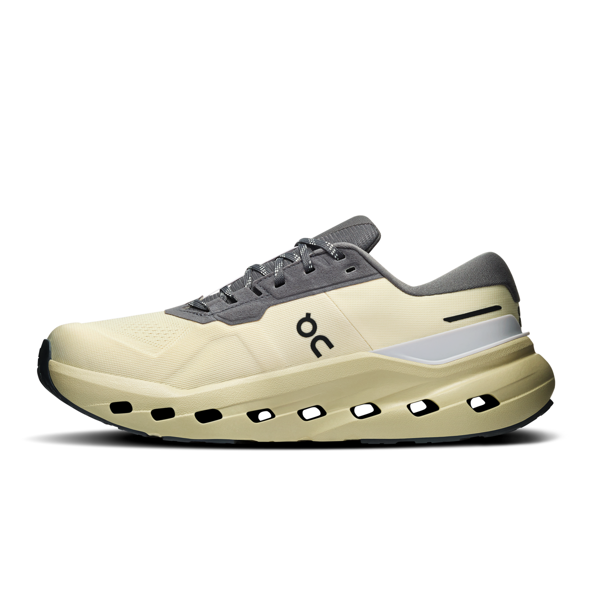 Women's waterproof running shoe, pale yellow midsole with dark gray upper and lace-up.