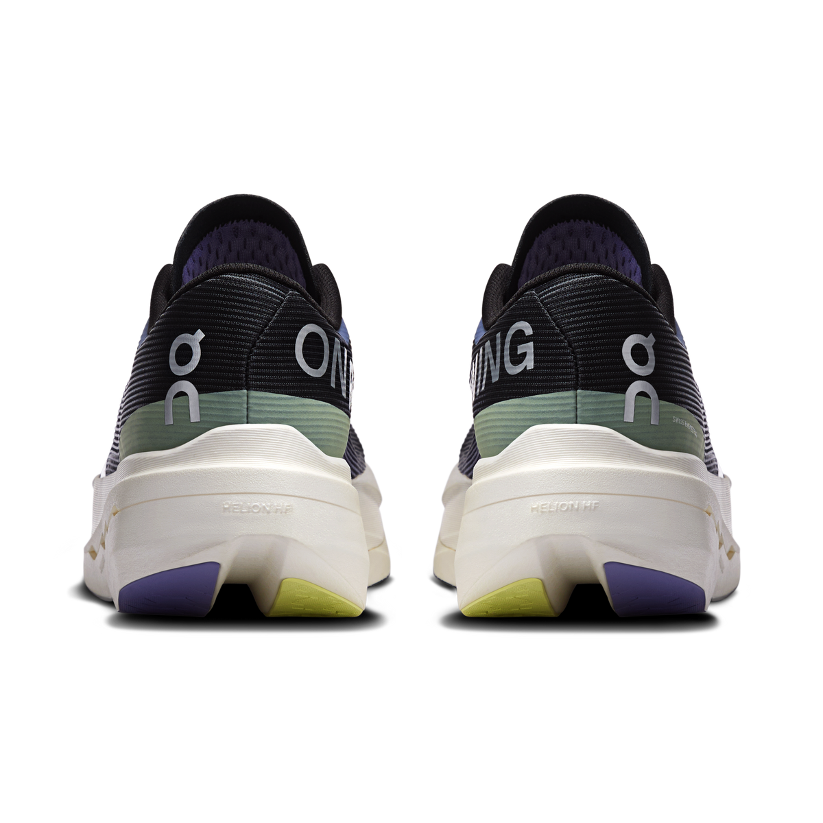 Back view of black running shoes with lime heel accents and On logo
