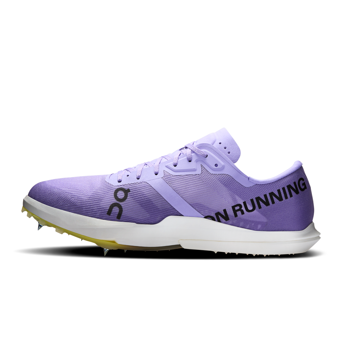 Men's purple running shoes with lace-up front, side branding, and yellow outsole