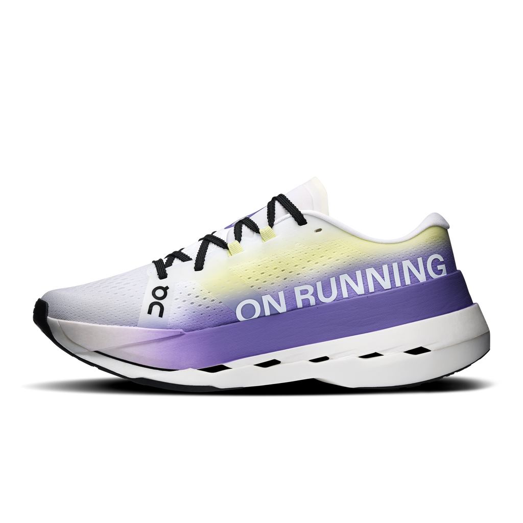 Men's running shoes, white and purple upper with 'ON RUNNING' print and black laces