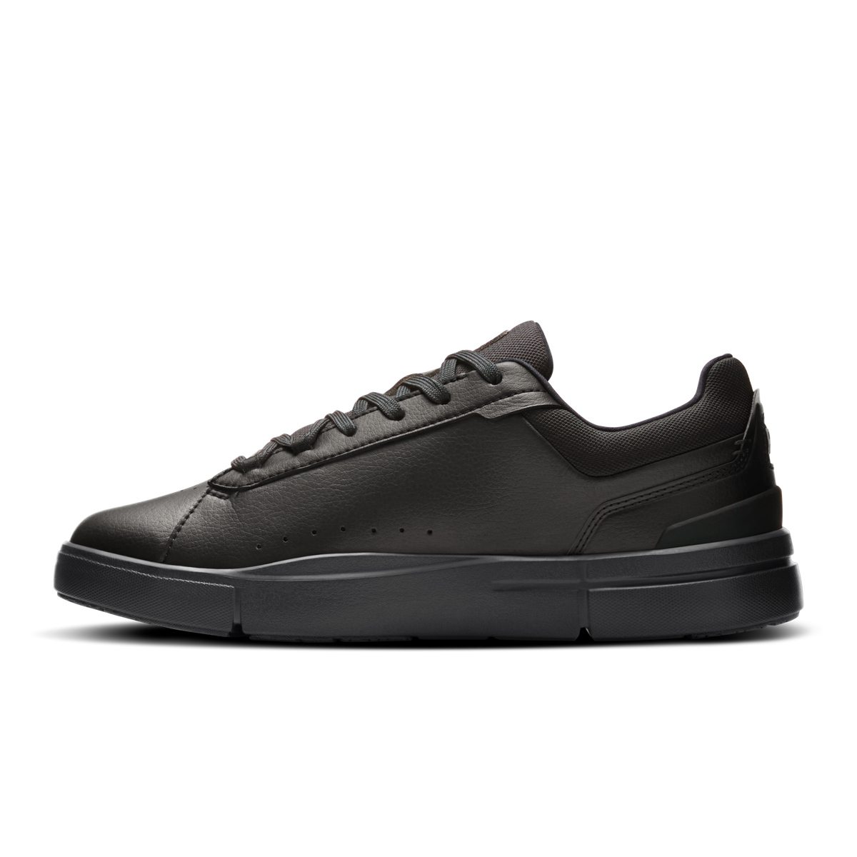 Black low-top lace-up sneaker with side panel stitching and rubber outsole