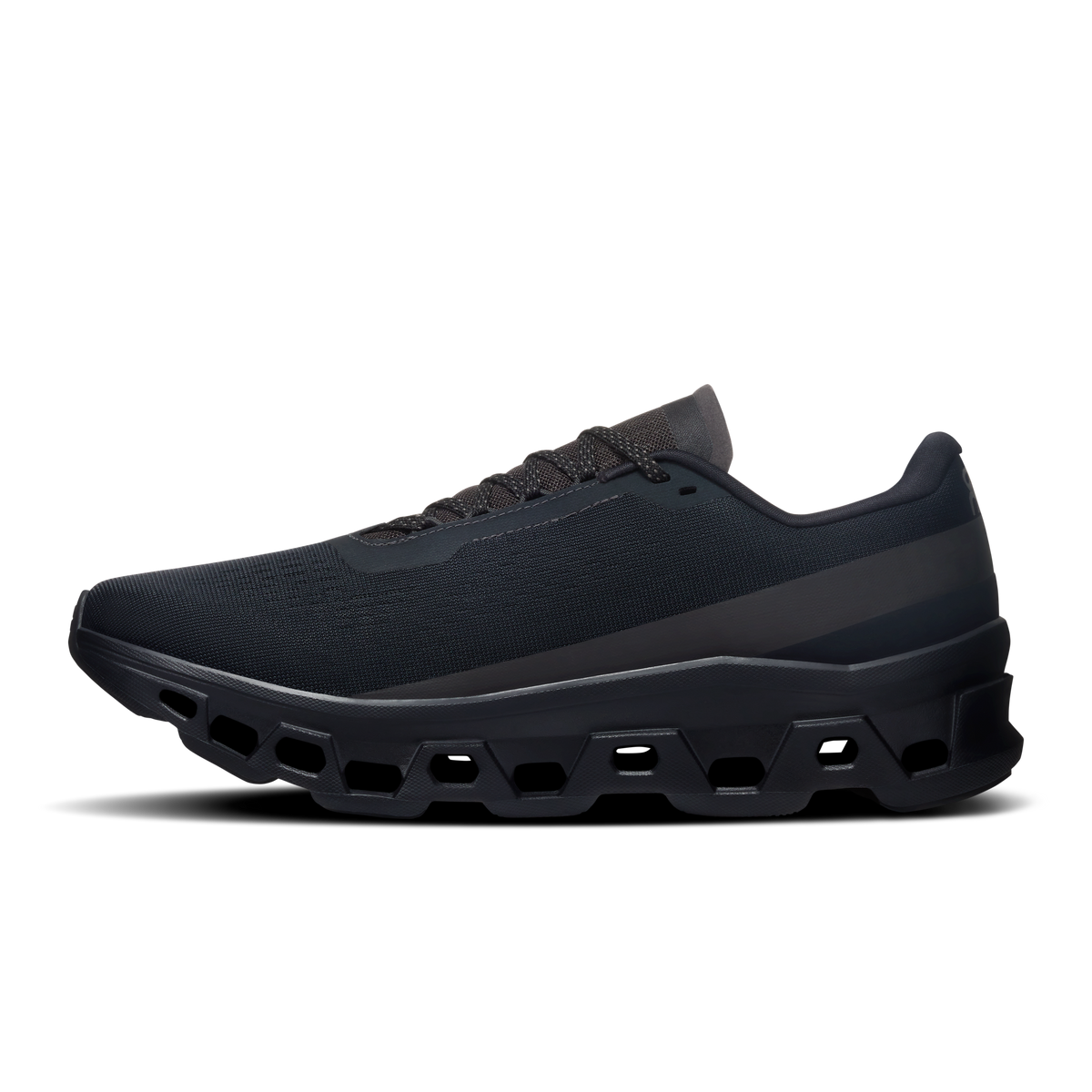 Men's black running shoes side view with lace-up knit upper and rocker sole