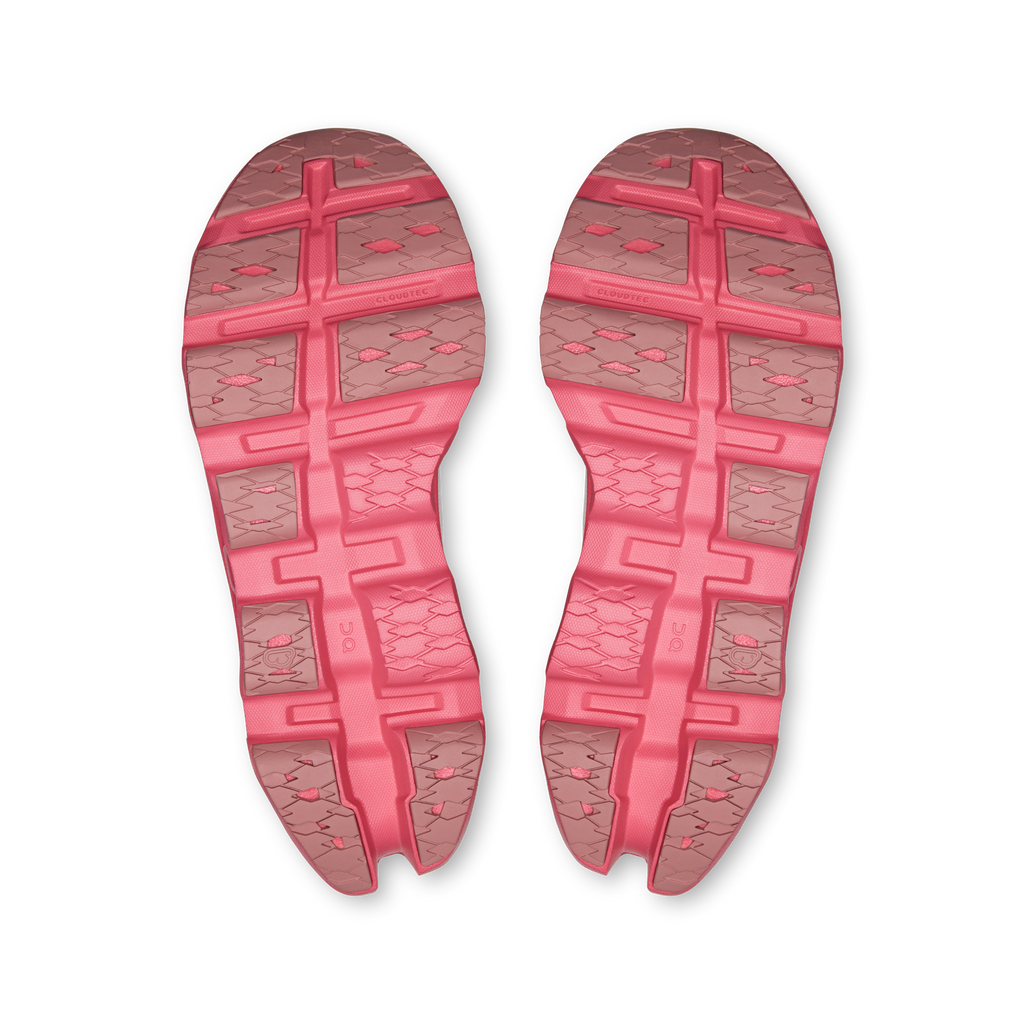 Pair of pink shoe outsoles with tread and center support pattern