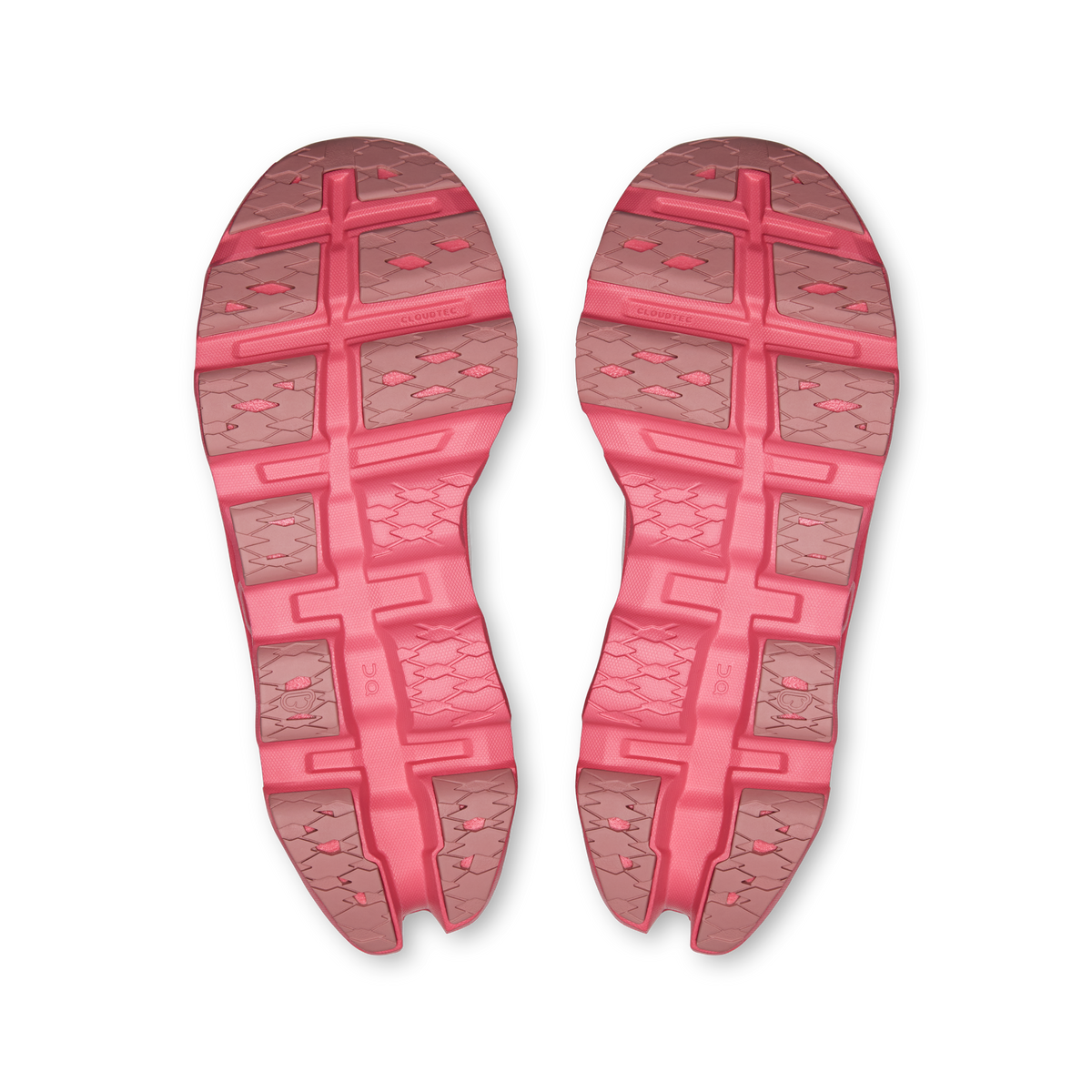 Pair of pink shoe outsoles with tread and center support pattern