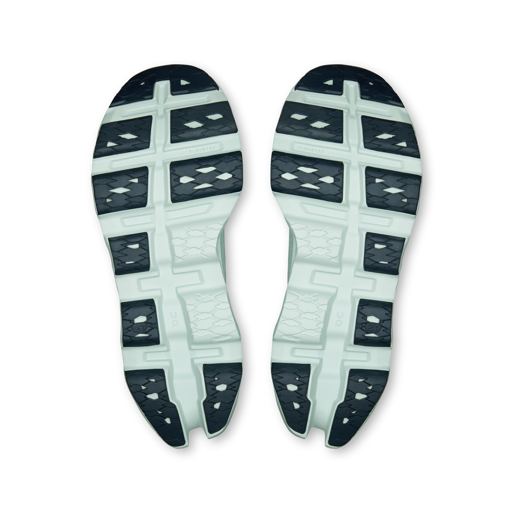 Women's running shoe outsole pair, white tread with dark traction blocks