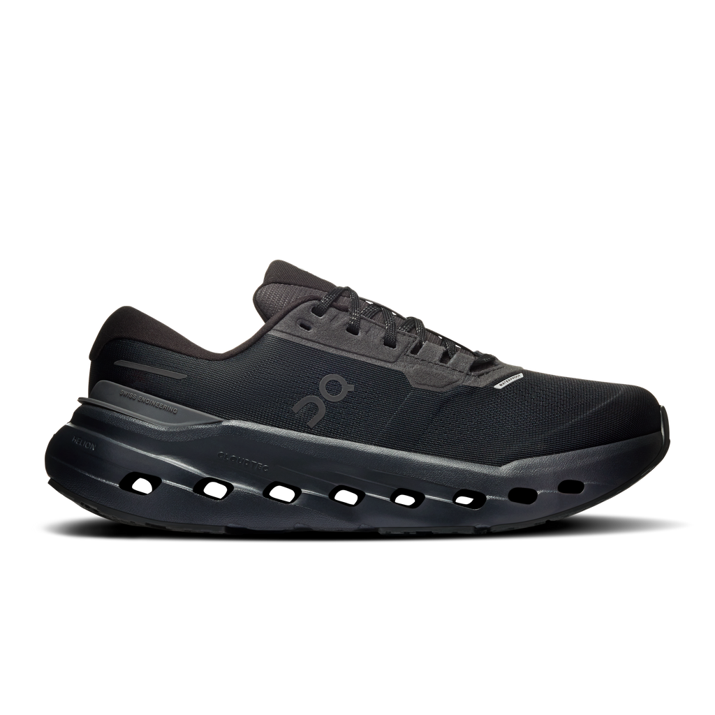 Women's waterproof running shoes, black mesh uppers, lace-up, CloudTec pod sole