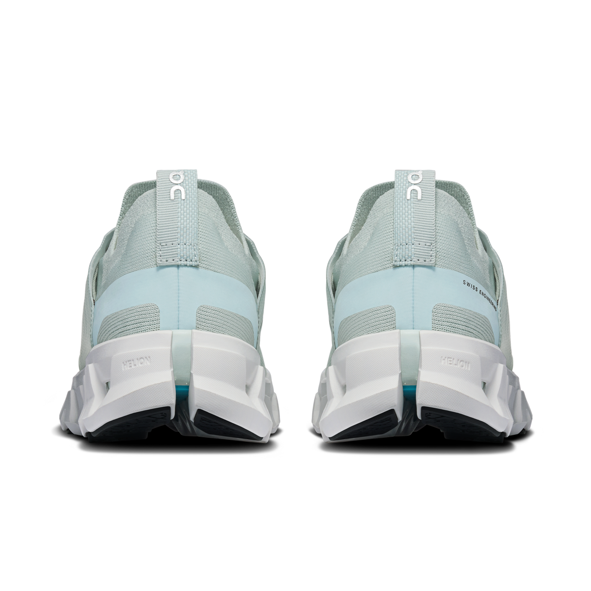Back view of light blue lace-up running shoes with white heel counter