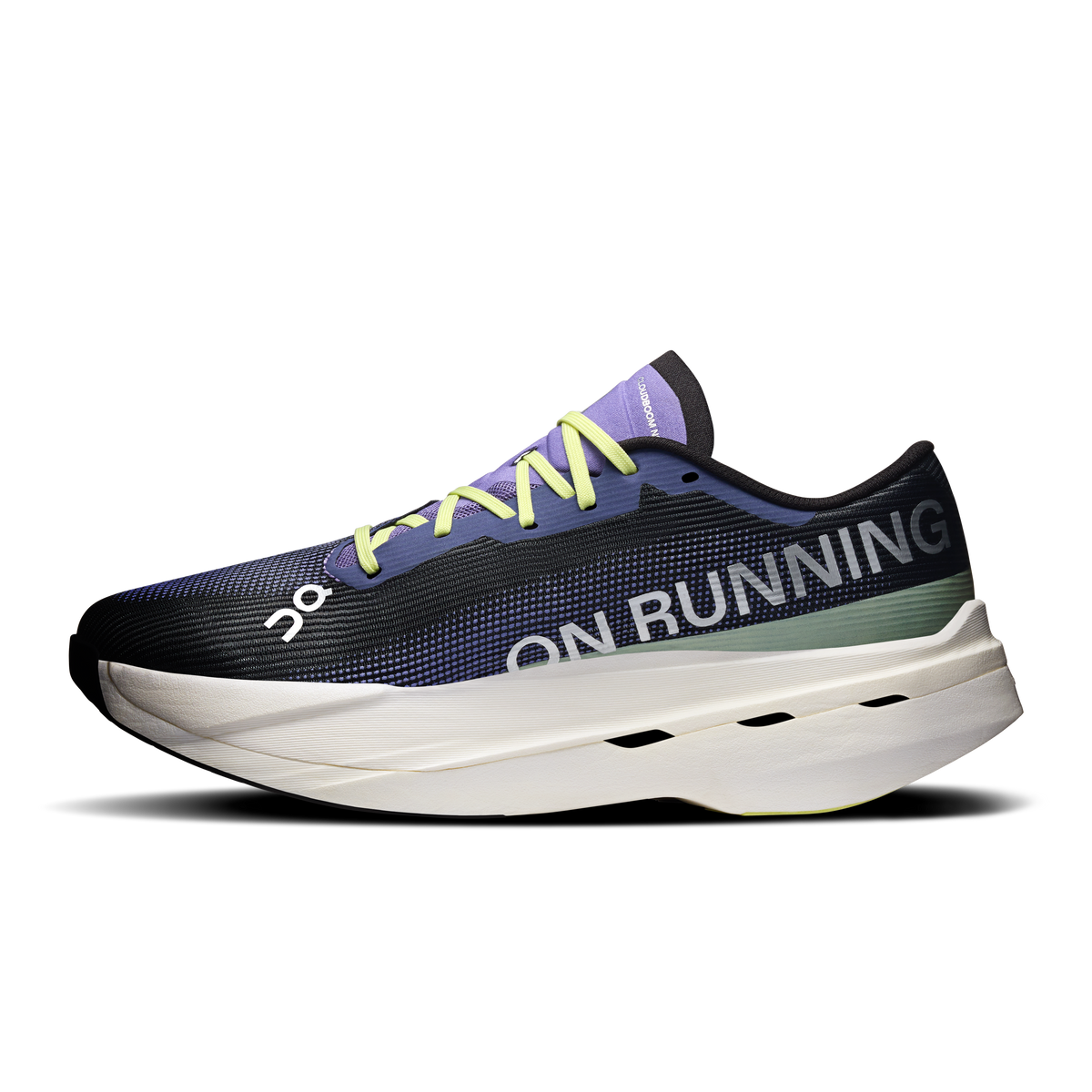 Black On Running shoe with neon laces, white sole pods, and On Running branding