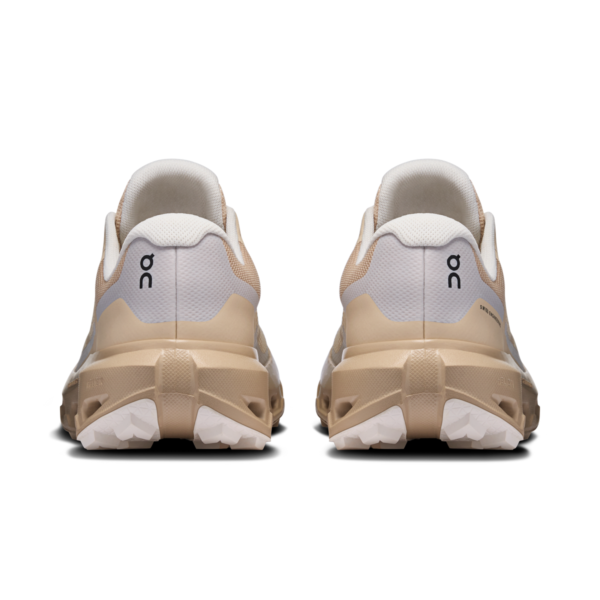 Women’s waterproof running shoes heel view with padded collar and sand-toned outsole