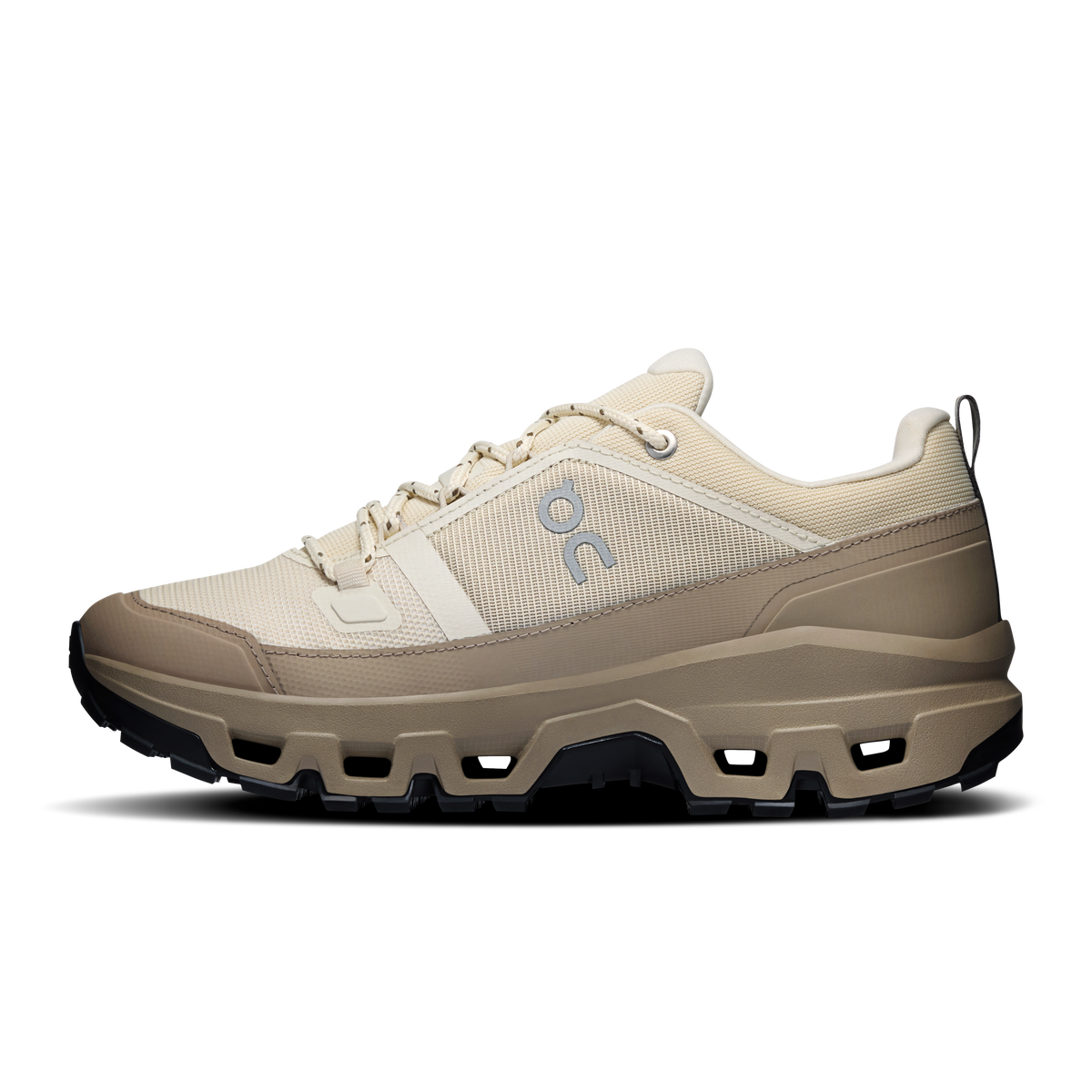 Women's waterproof low-top running shoe, cream upper with gray heel and chunky tread