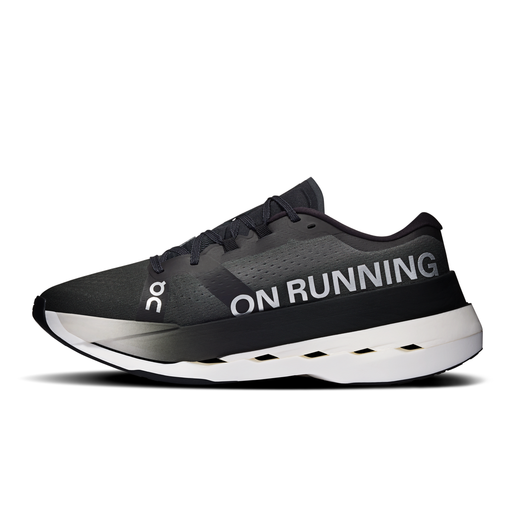 On Cloudboom Max men's running shoes, black upper with 'ON RUNNING' logo