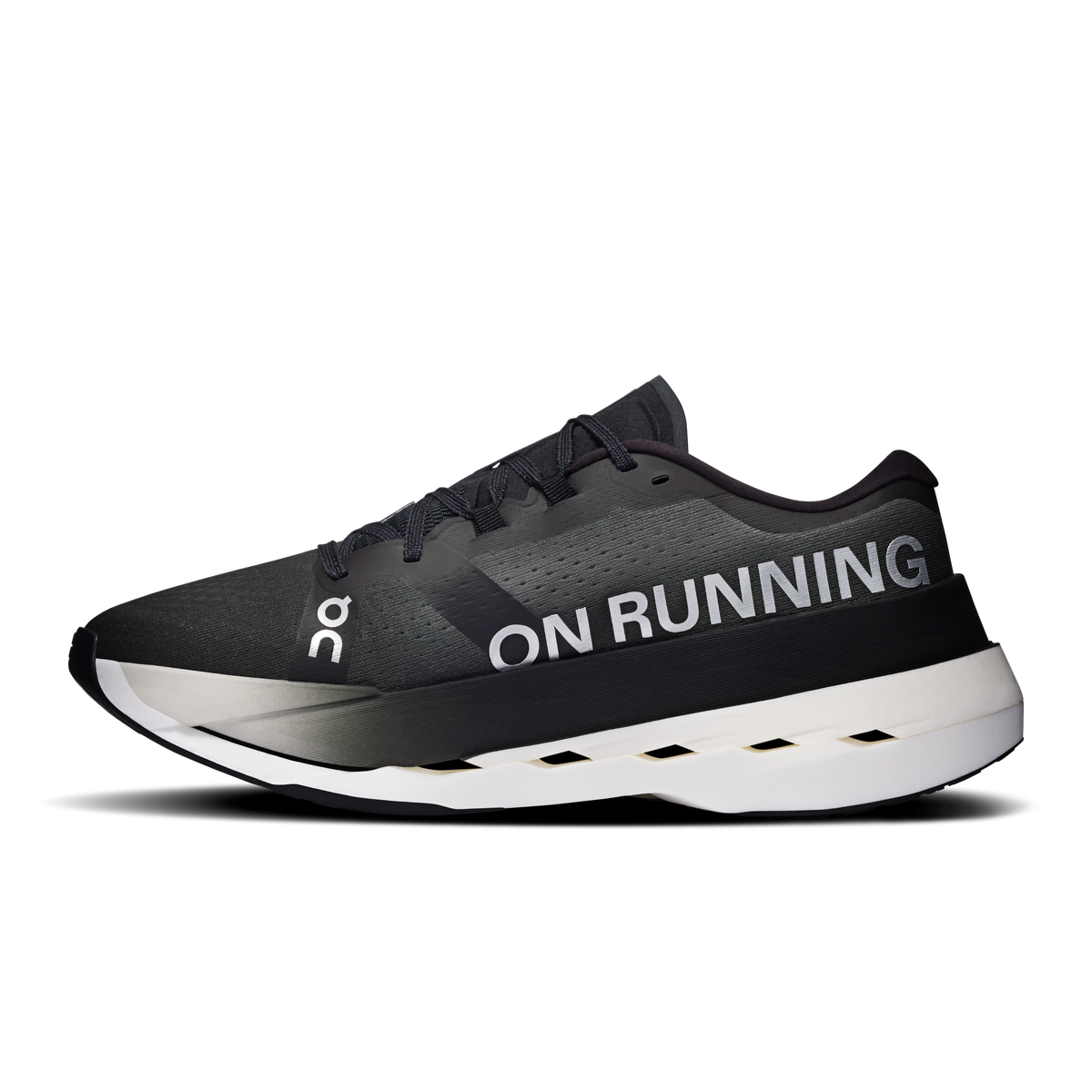 On Cloudboom Max men's running shoes, black upper with 'ON RUNNING' logo